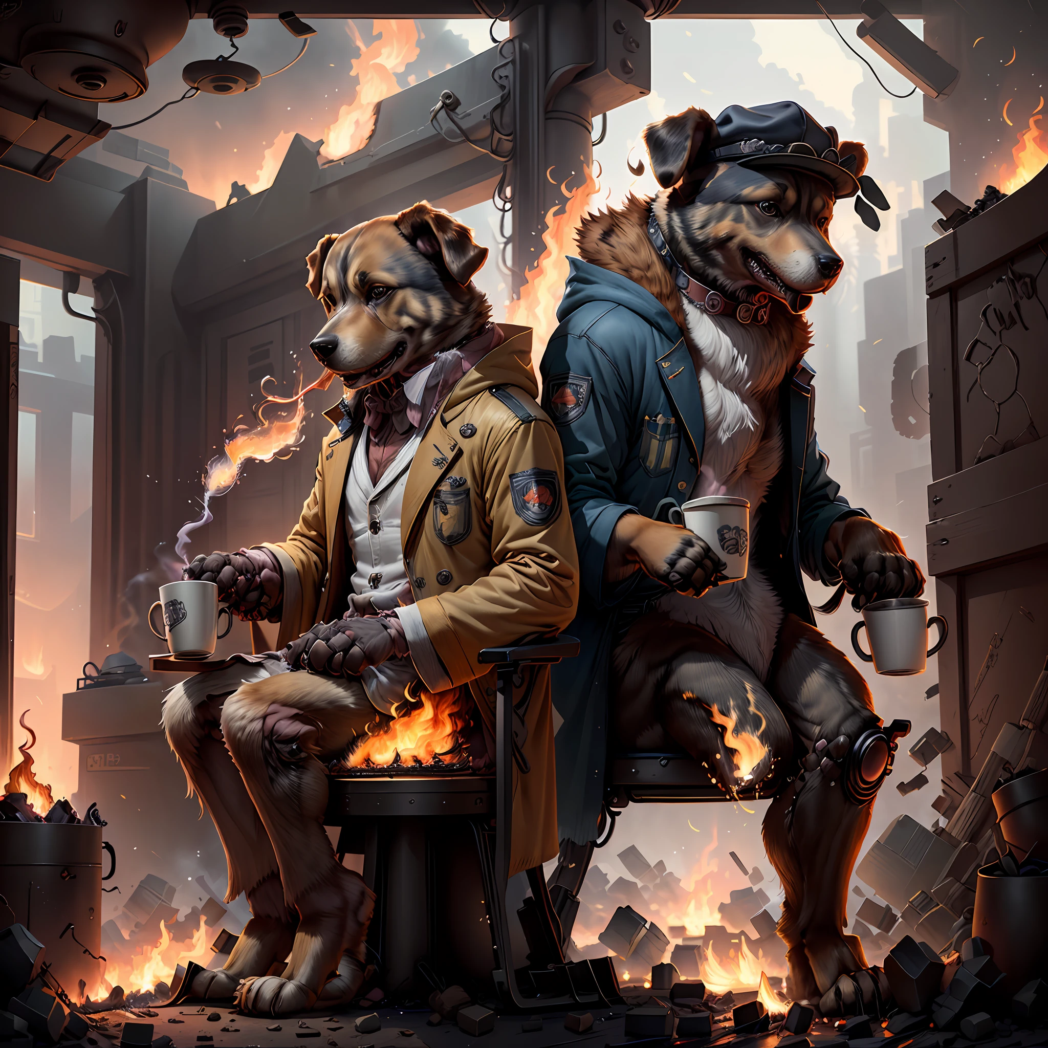 (best quality:1.23), (masterpiece:1.12), (realistic:1.24), (anthropomorphic  dog:1.5) holding a coffee cup, sitting, in a robe, eating breakfast and holding a coffee cup, hat, particles, volumetric lighting,  room burn down, ground and chair on fire, lots of gadgets and equipment on fire,  smoke, (flames all around:1.3),