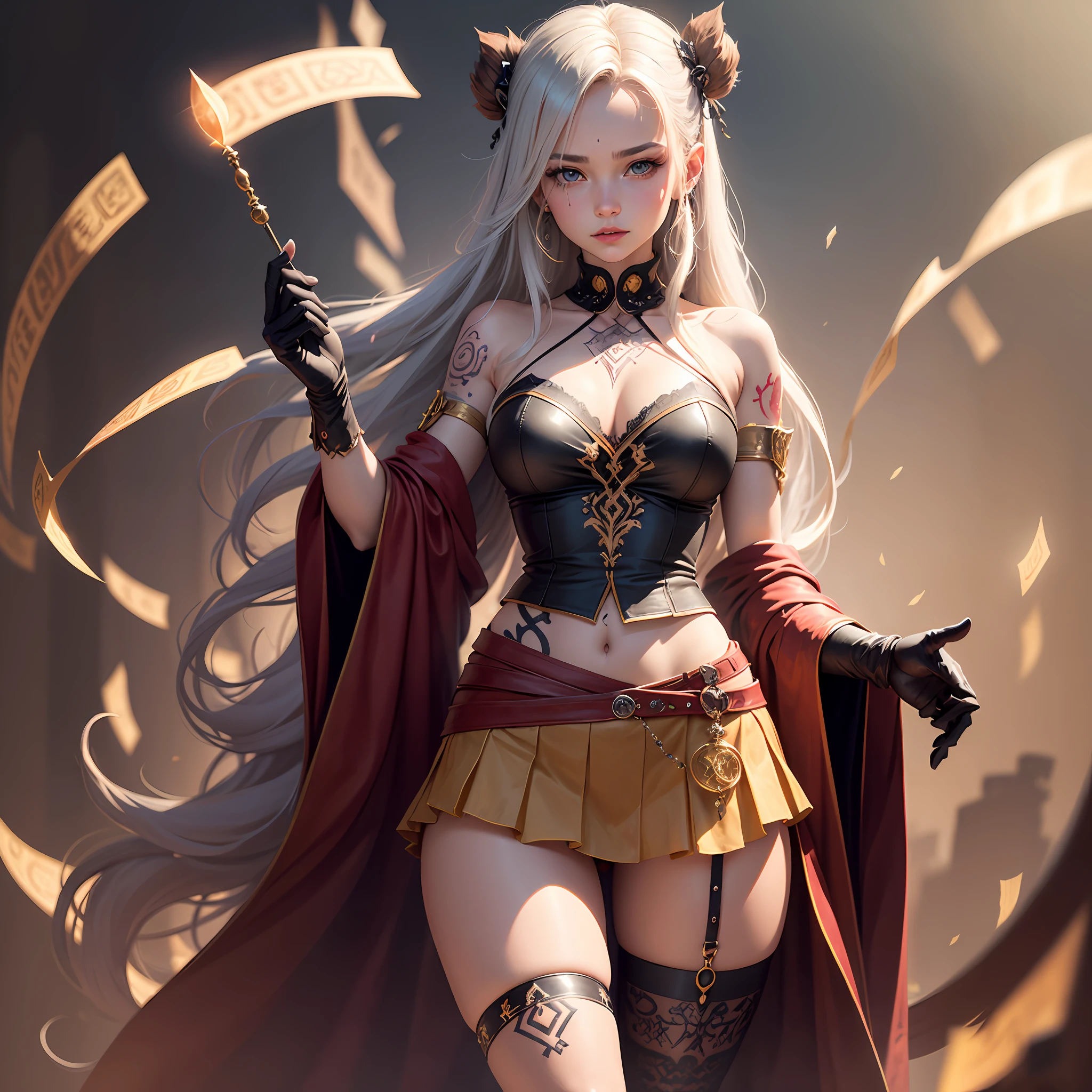 "1 girl casting a spell, surrounded by intricate magic runes, wearing a flowing skirt, adorned with gloves, a tattoo, and blushing cheeks, with thigh-highs." --auto