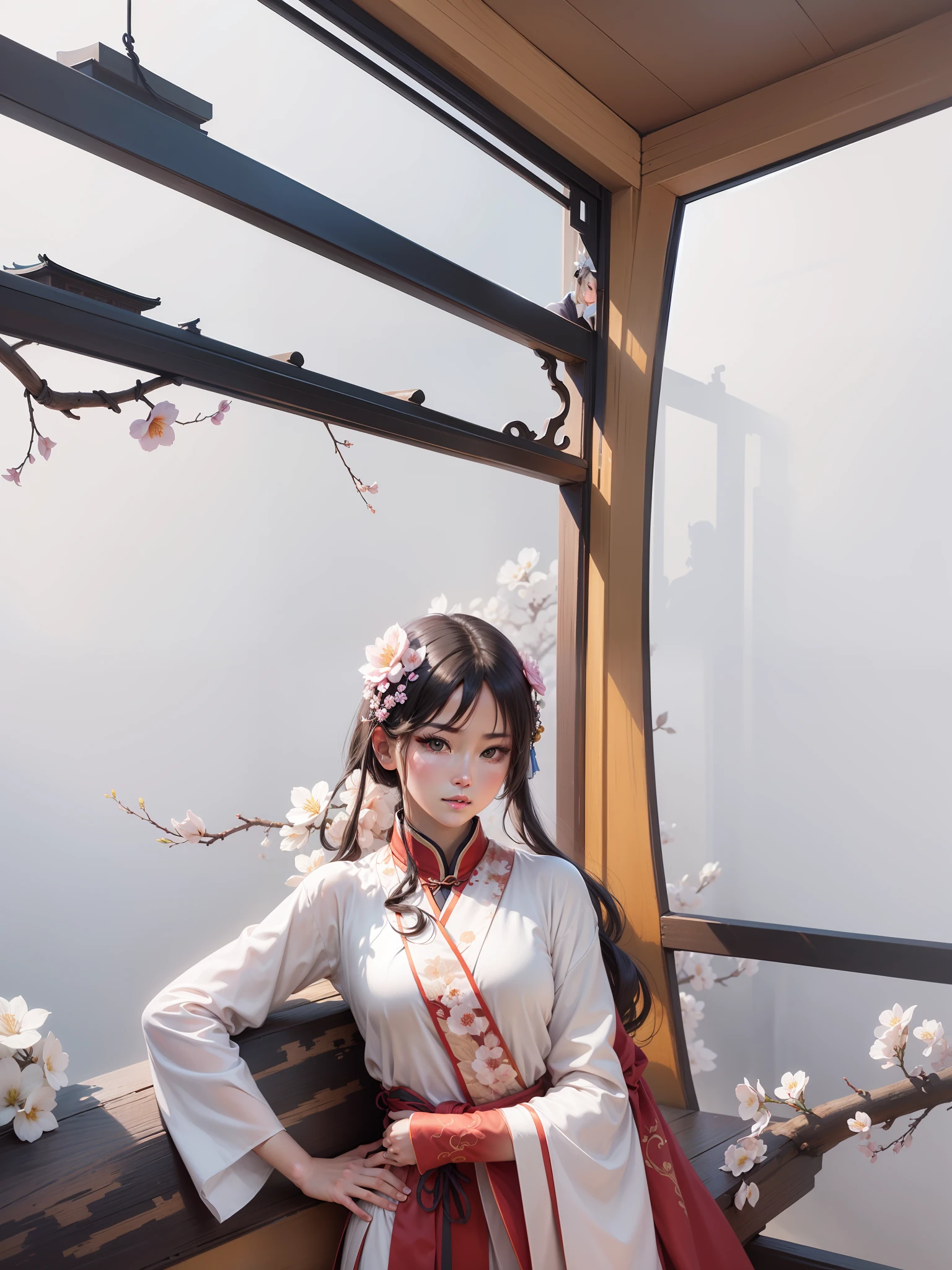 a masterpiece，Bestquality，Official Art，8kwallpaper，RAWExtremely detailed，illustartion，1girle，black hair，Hanfu，ancient Chinese architecture，colobutterfly，Blossom，hair ornament