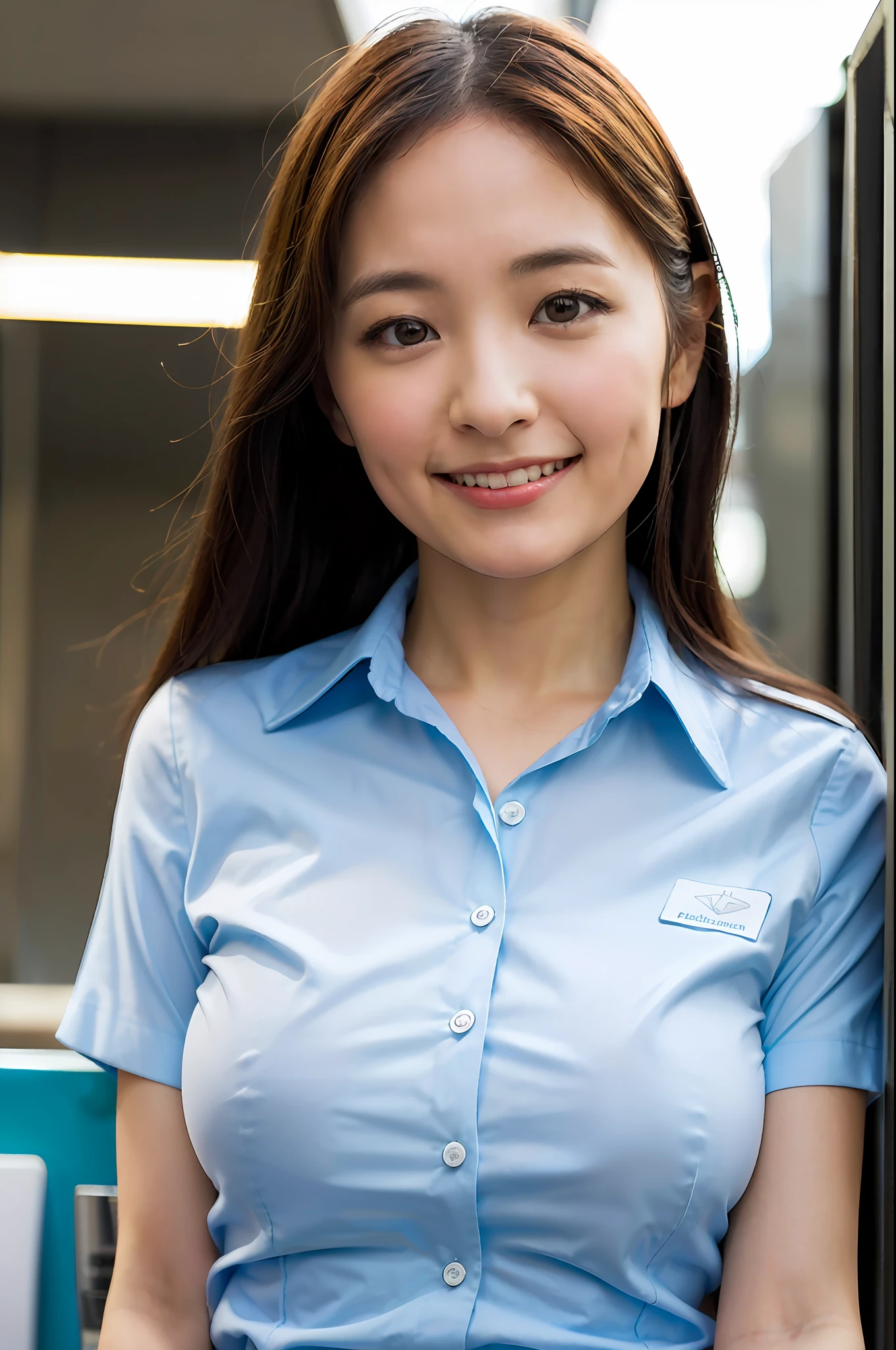 1girl, happy, smiling, (at street:1.2), ((office uniform:1.2)),night, RAW photo, (photorealistic:1.37, realistic), highly detailed CG unified 8K wallpapers, looking at viewer, (((straight from front))), (HQ skin:1.8, shiny skin), 8k uhd, dslr, soft lighting, high quality, film grain, Fujifilm XT3, ((upper body:1.6)), (professional lighting:1.6)