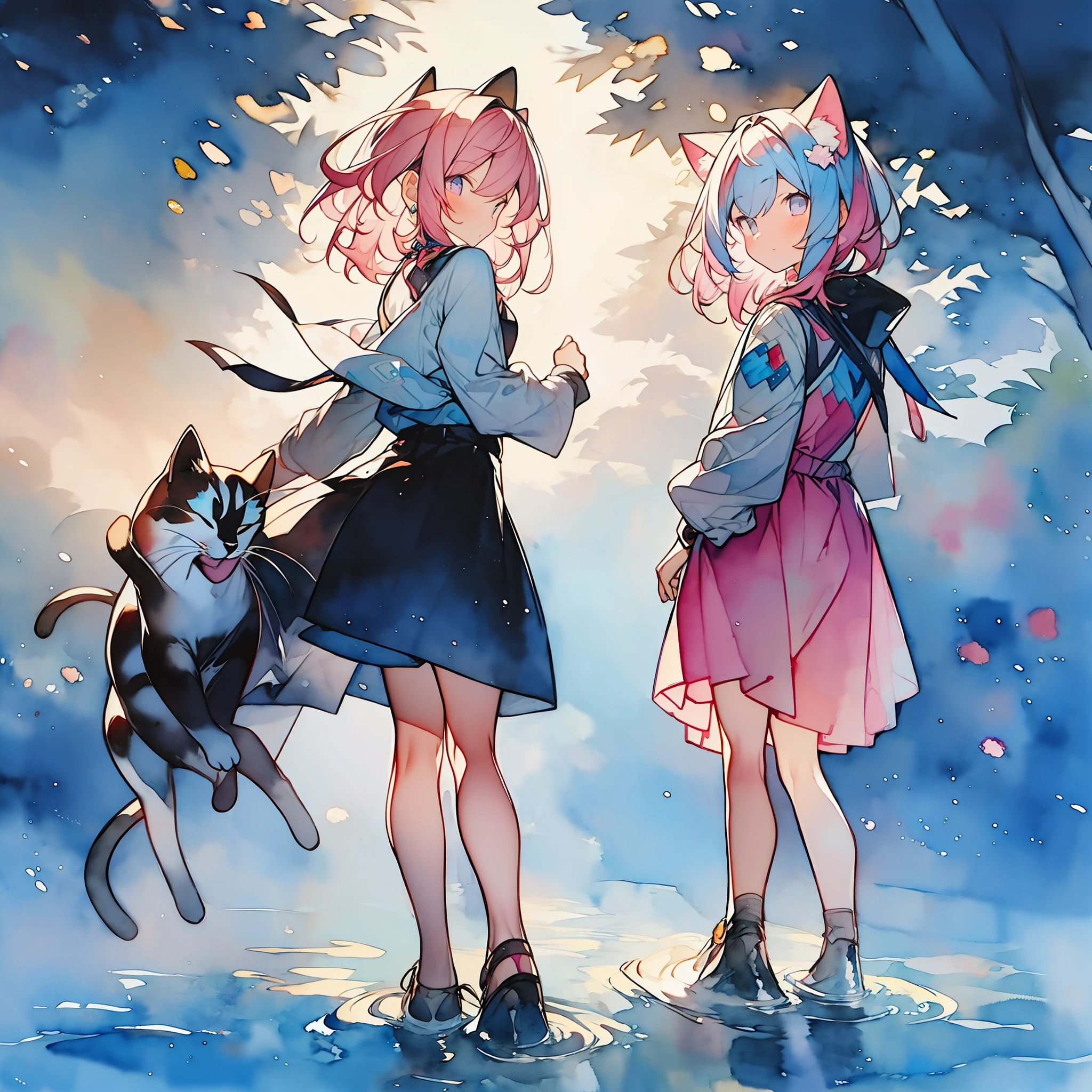 (watercolors:1.2),pink-haired,cat ear,1girls,iridescence,Small skirt,full - body,Character design