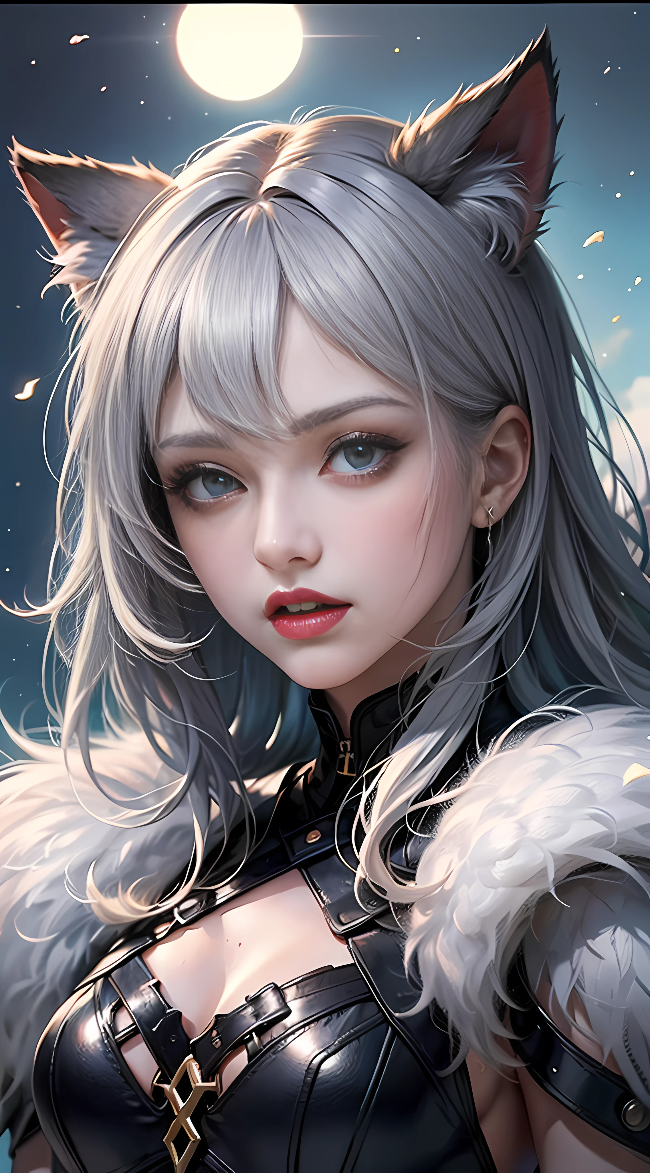 Ultra high quality，8K，High cold girl，erogenous，serious，The head proportions are perfect，Black-gray hair，Cat ears，Flaming red lips，Swan neck，Close-up of the head，the sun is shining wide shot