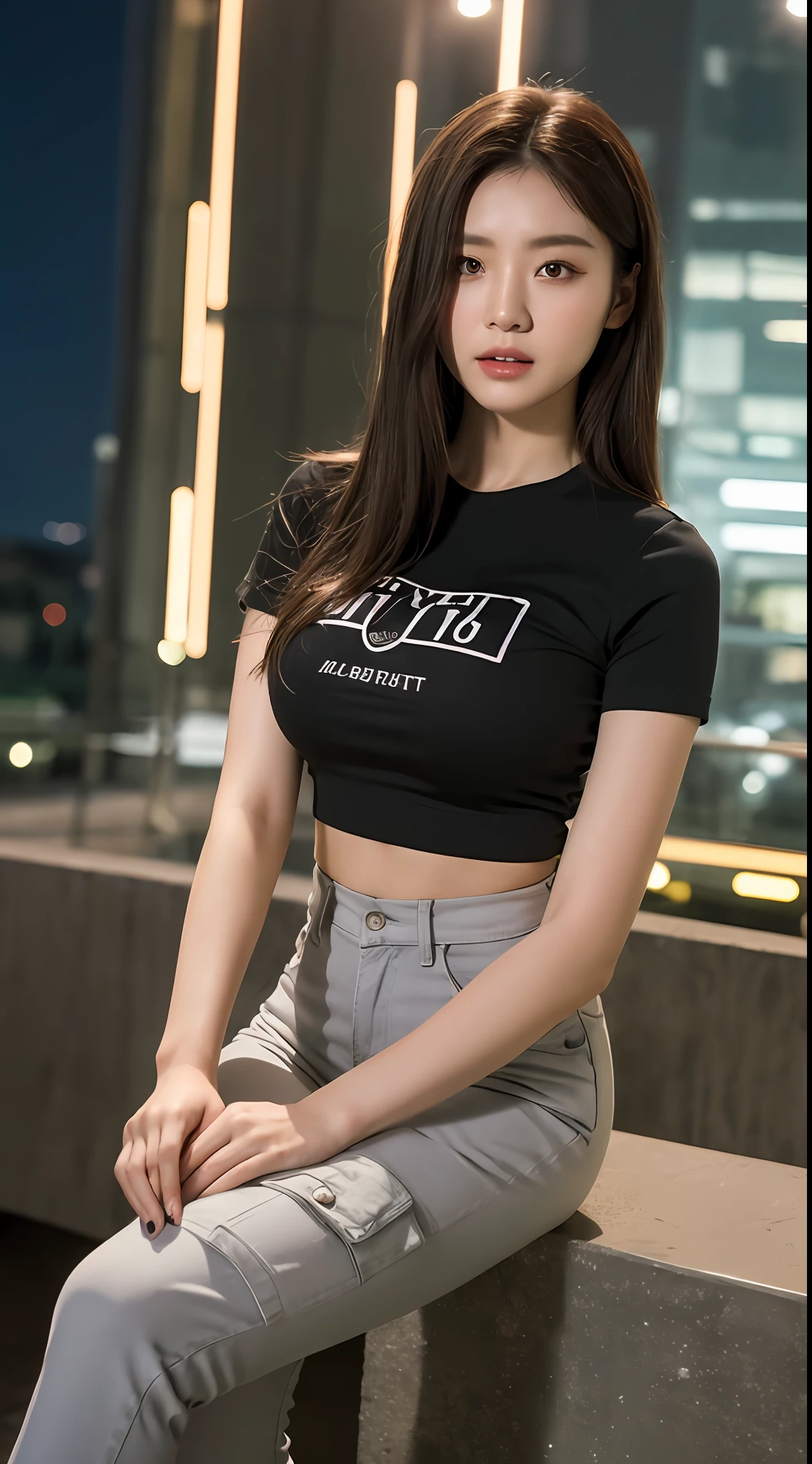 ((midnight, Need, 8k, The Masterpiece:1.3)), full - body, Long legs, Focalors:1.2, perfect figure beautiful woman:1.4, Slim abs:1.1, ((Dark brown hair, big boob:1.2 )), (white tight t-shirt, cargo pants, standup:1.2), ((City Night View, teto:1.3)), Highly detailed facial and skin texture, detailed eye, Double eyelid