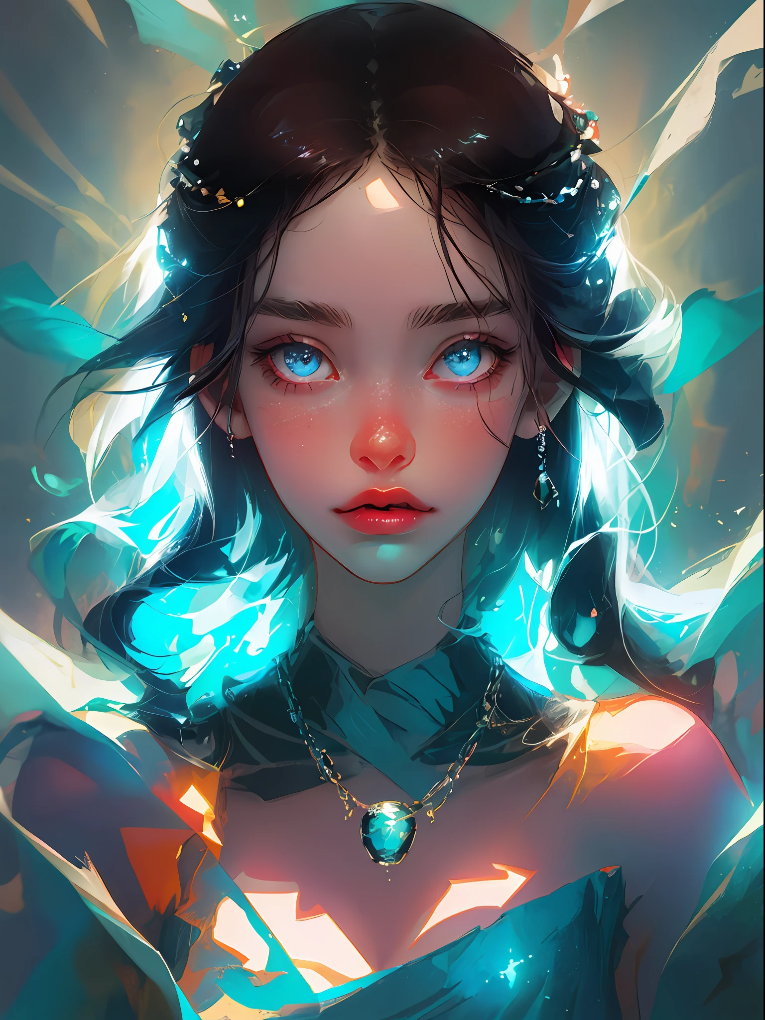 Goddess of goddesses, Close-up of the girl's face,Underwater,Bright eyes and delicate skin,Dramatic and stunning award-winning photos,Dramatic linear refinement,Shot on a Sony aiii high-resolution digital camera,Ultra-realistic skin,Very natural characteristic,She has((Dark blue hair)),Floating necklace,Bubbles under water, Cool cool colors,Close-up of the face,blue backgroung,