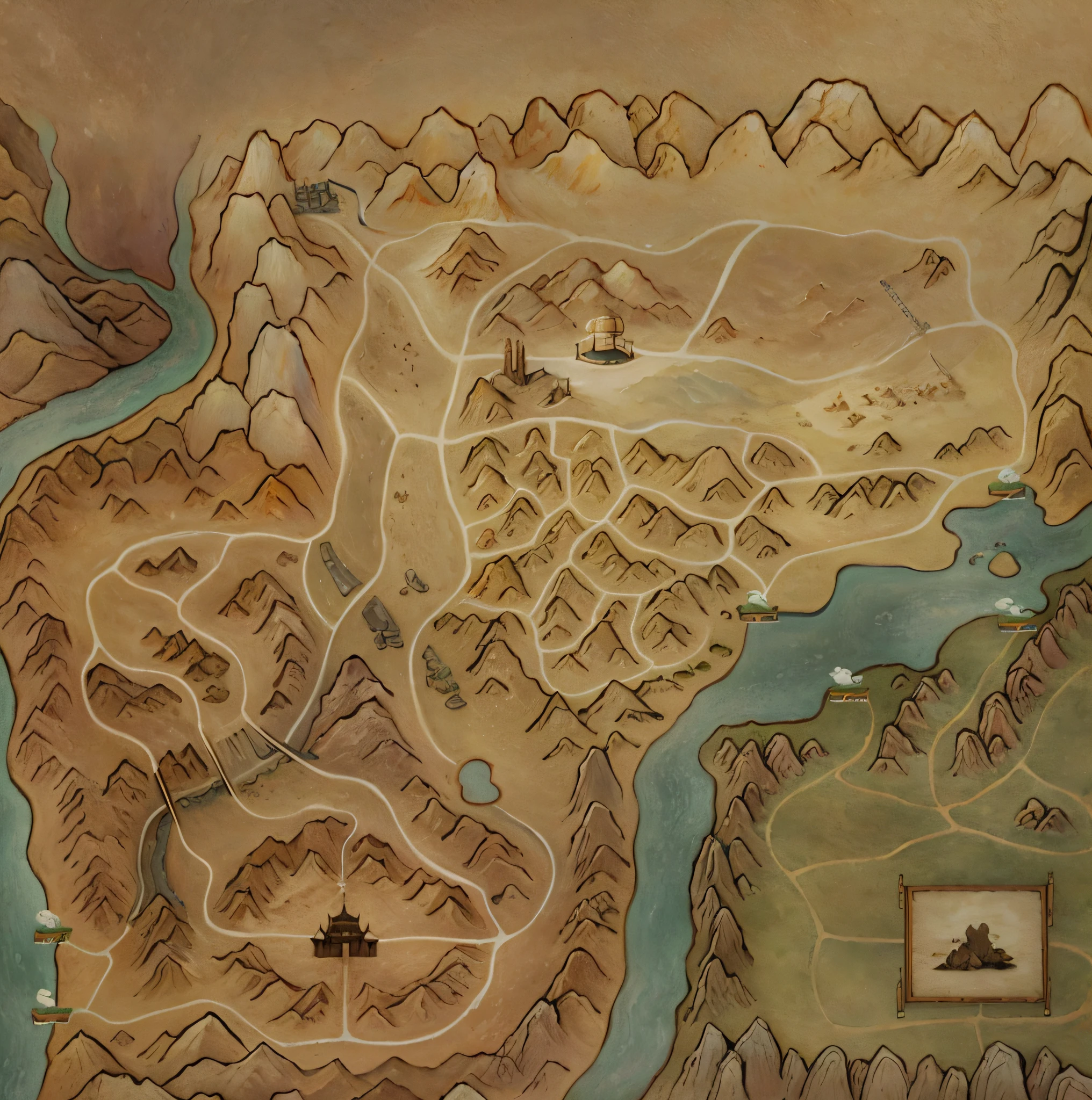 (map), a map of rpg game, detailed, mountains, rivers, auspicious clouds, masterpieces, holding, super detail, epic composition, ultra HD, high quality, extremely detailed, official art, unified 8k wallpaper, Super detail, 32k -- v 6, no sunshine, ((desert))