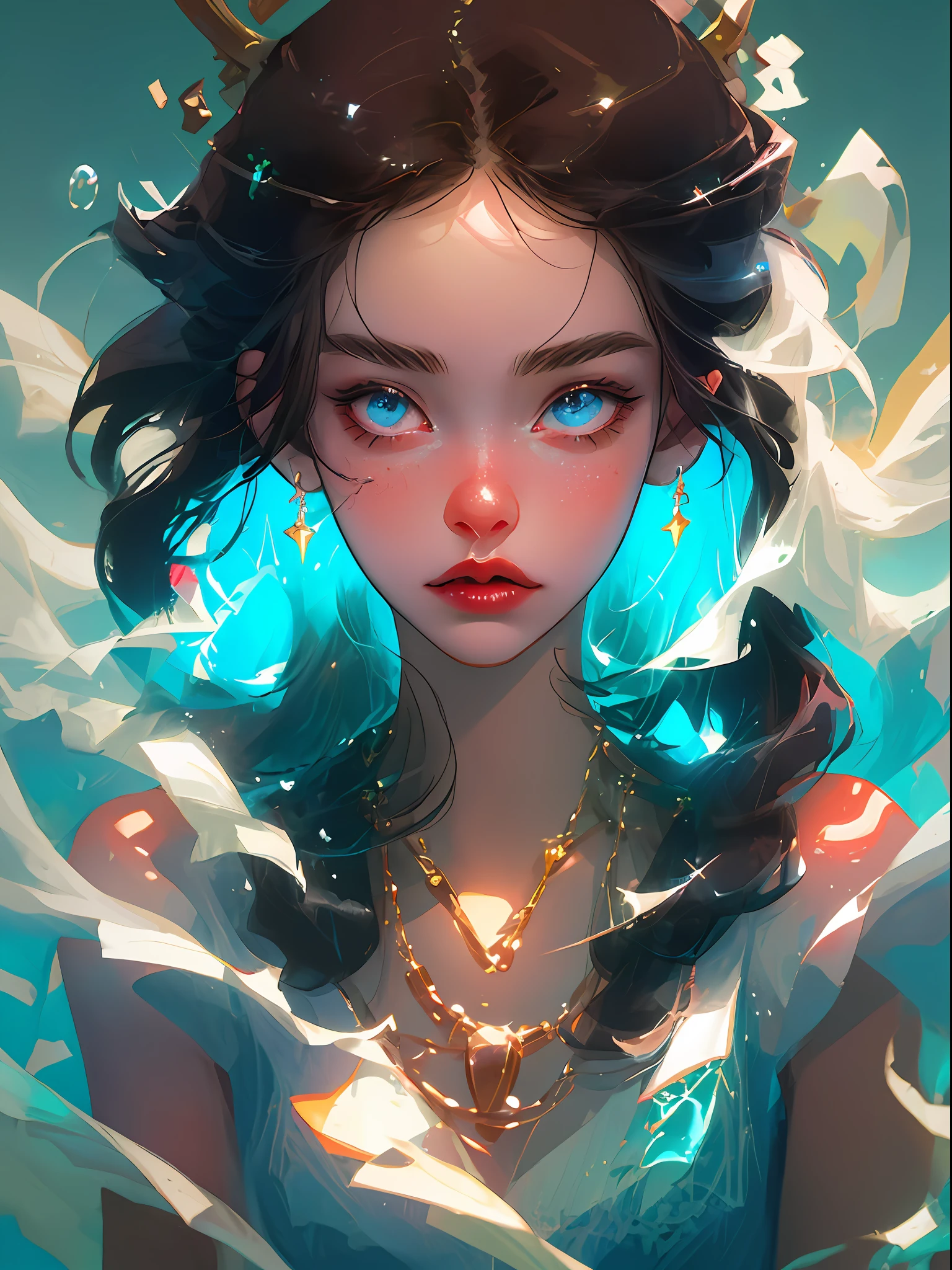 Goddess of goddesses， Close-up of the girl's face，Underwater，Bright eyes and delicate skin，Dramatic and stunning award-winning photos，Dramatic linear refinement，Shot on a Sony aiii high-resolution digital camera，Ultra-realistic skin，Very natural characteristic，She has（（Dark blue hair）），Floating necklace，Bubbles under water， Cool cool colors，Close-up of the face，blue backgroung，