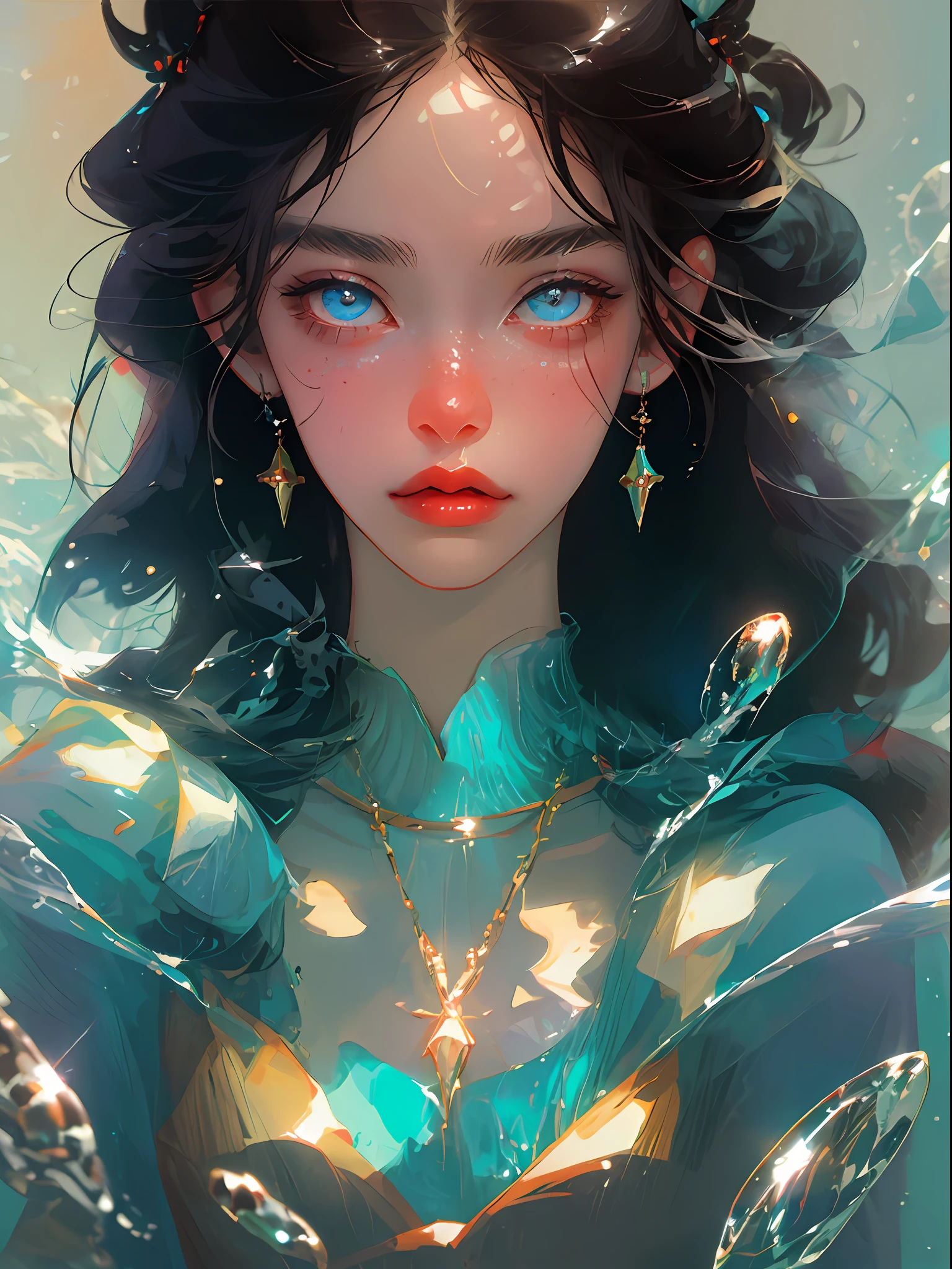 Goddess of goddesses, Close-up of the girl's face,Underwater,Bright eyes and delicate skin,Dramatic and stunning award-winning photos,Dramatic linear refinement,Shot on a Sony aiii high-resolution digital camera,Ultra-realistic skin,Very natural characteristic,She has((Dark blue hair)),Floating necklace,Bubbles under water, Cool cool colors,Close-up of the face,blue backgroung,
