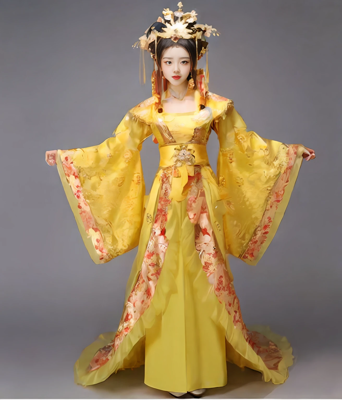 A full-length portrait of a majestic Chinese empress of the Tang Dynasty，Character design style，The face has a complex Tang dynasty-style makeup，Gorgeous costumes with intricate gold patterns，With a huge headdress, a beautiful fantasy empress, Beautiful rendering of the Tang Dynasty, Traditional Chinese clothing, Inspired by the Tang Dynasty, The costumes are intricate and gorgeous，The clothes have a gold pattern， 3D, 8K，ultra-details，3D rendered character art