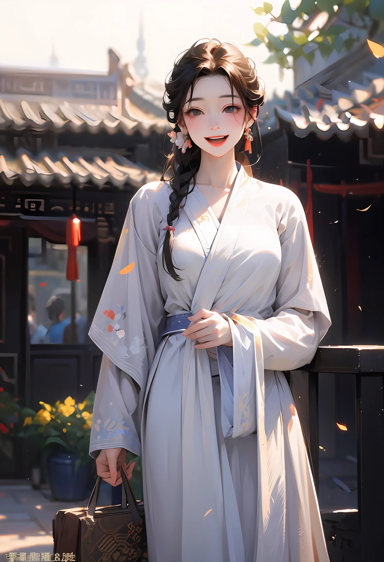 Masterpiece, high qualit, Best quality, 1girls, Smile, Open mouth, china dress, Hanfu, Flowers, Sharp focus, Soft light