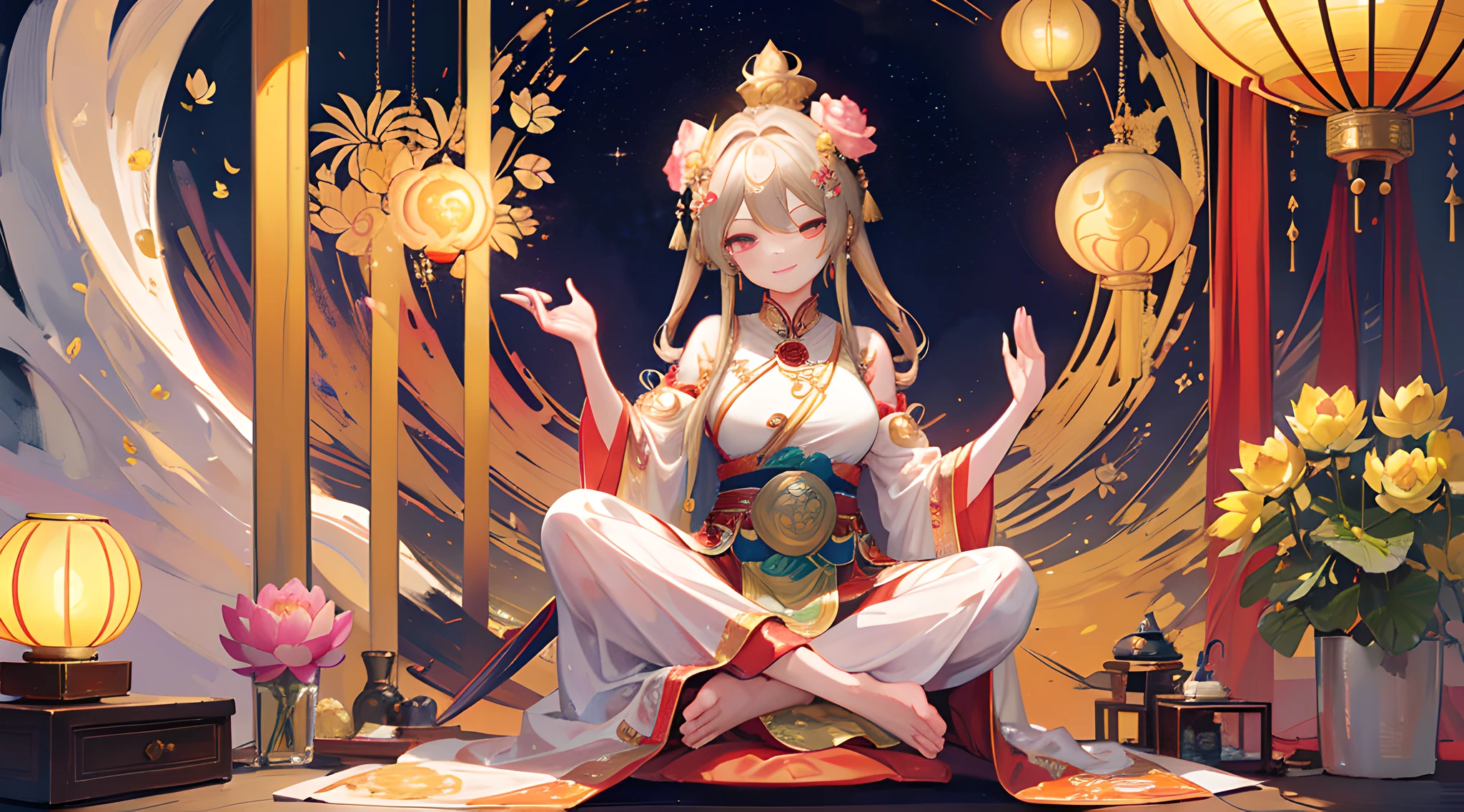 (guanyin, dressed in a gorgeous Buddhist robe, has a kind face, smiles and bows his head, holds a lotus flower, and Abhayamudra with the other hand)