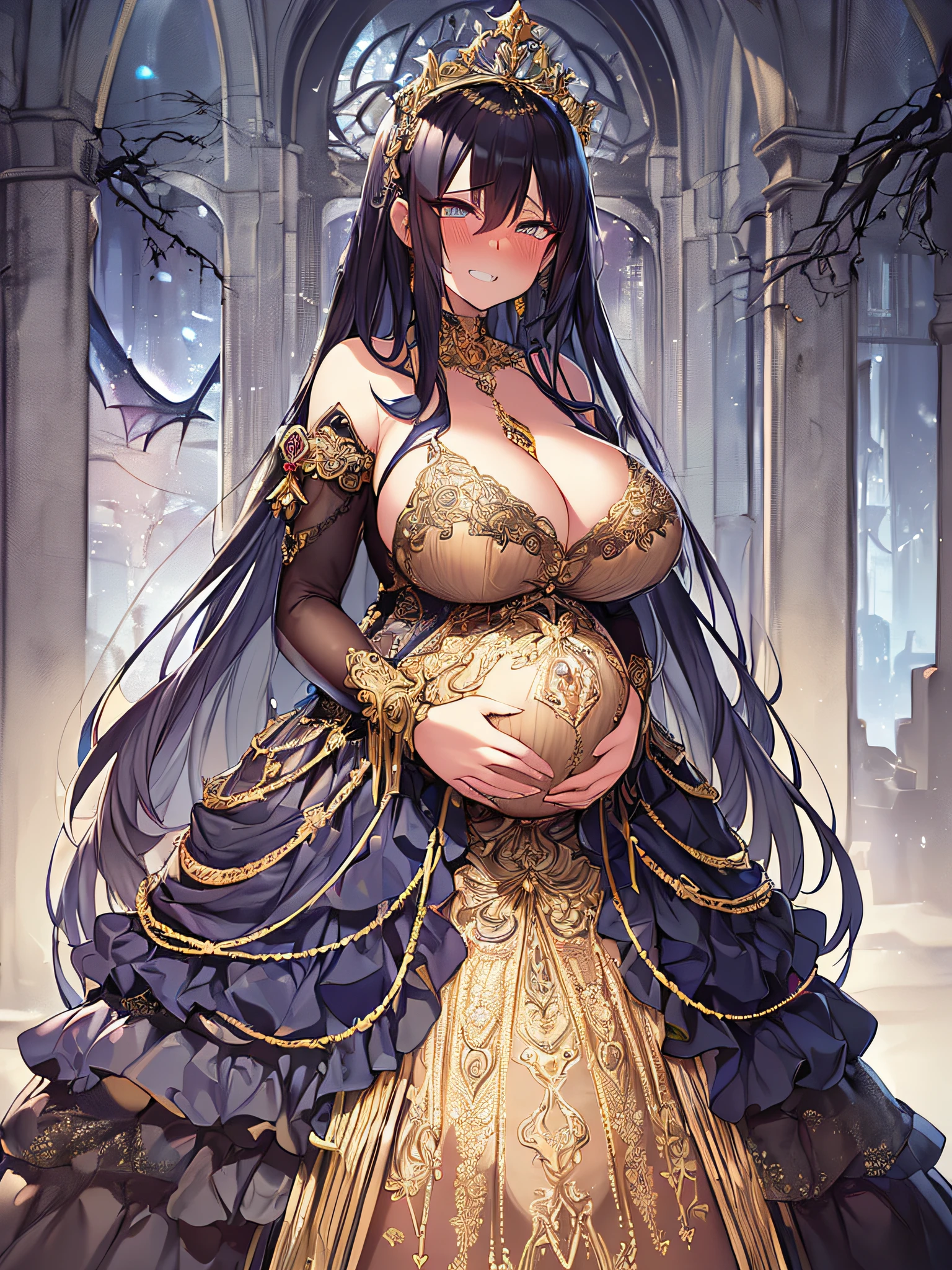 ((anime artstyle)),(Masterpiece),(Best Quality), (Super Detail),((Very Delicate and Beautiful)),Focus on character,Dynamic Angle,Looking at viewer,((Solo)),standing,(((full body))),((one evil pregnant empress in gorgeous ball gown with voluminous skirt)),detailed face and eyes,((heavily pregnant)),((clenched teeth,blush)),embarrassed,jewel-like eyes,((Very Long voluminous Hair)),gorgeous embroidery and lace,See-through,ornate ruffles,Gorgeous jewelry ornaments,luxury hair ornament,luxury and evil tiara with jewels,(gigantic breasts,Long breasts),full body,(((evil and dark atmosphere))),full body,heavily pregnant,(inside of prison),jeweled evil ball gown,(((gorgeous ball gown with voluminous skirt)))