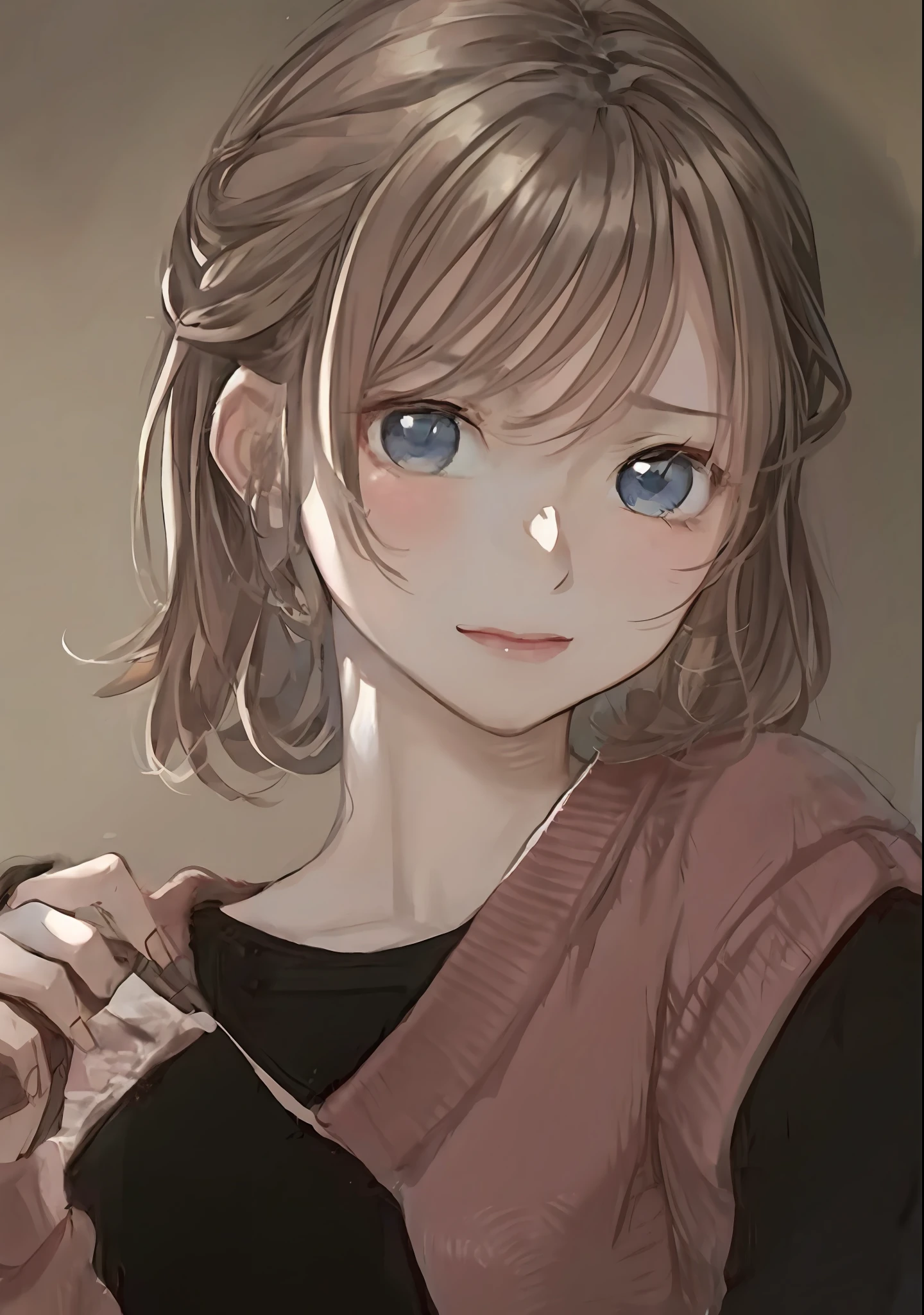 a woman with a brown sweater and black top holding a cigarette, beautiful anime portrait, detailed portrait of an anime girl, portrait of cute anime girl, portrait anime girl, cute portrait, anime. Soft lighting, portrait of cute anime girl, portrait of anime girl, Portrait of an anime girl, beautiful anime style, 「beautiful anime woman」, anime style portrait, Stunning anime face portrait