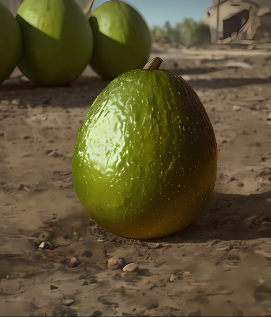 there is a green avocado sitting on the ground in the dirt,Elder with a pair of horns, avocado being stolen, avacado dream, avocado,, ultra realistic rendering, octane render hyperrealistic, gary oldman as a pear, cryengine octane blender, hyper - realistic render