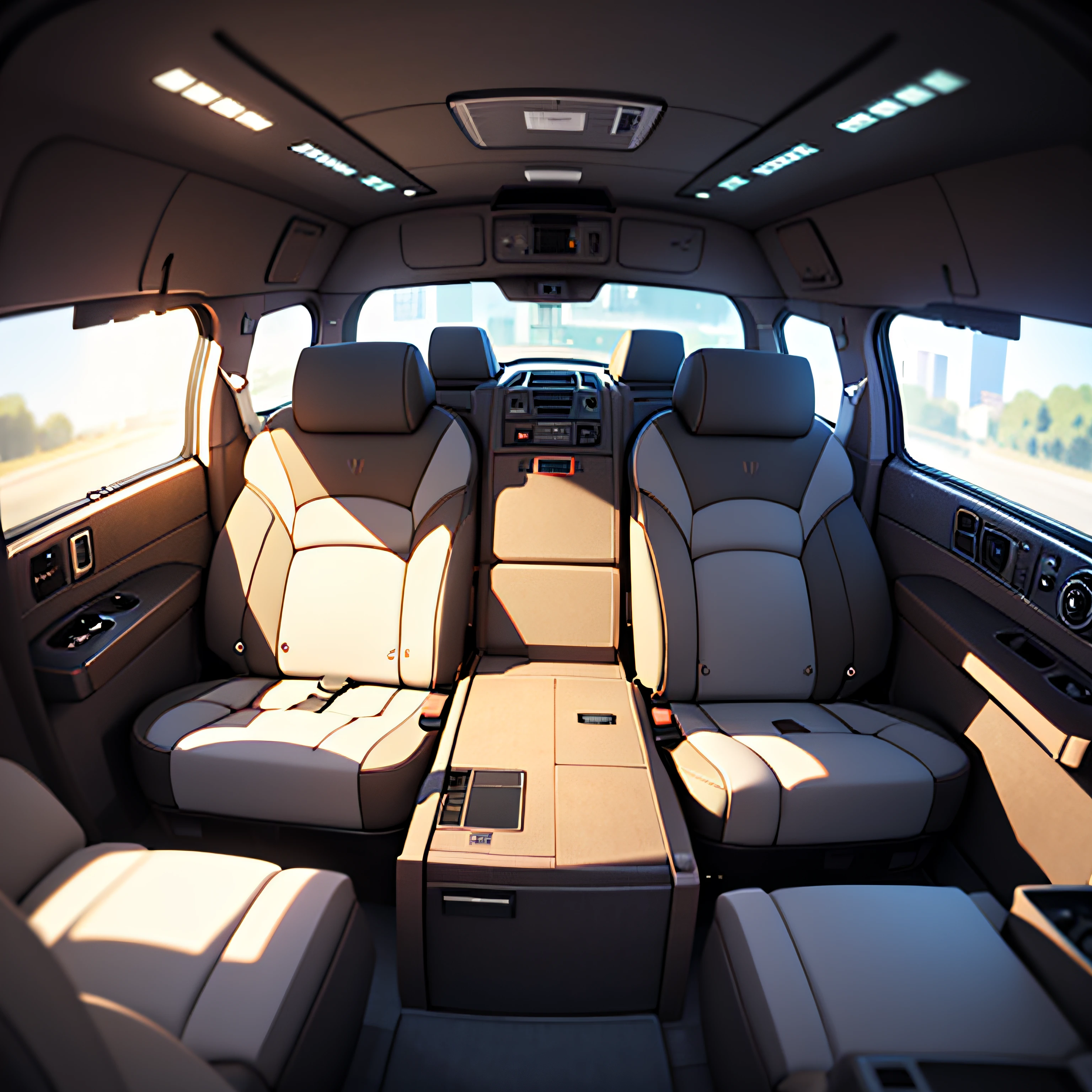 INTERIOR REAR VIEW LUXURY VAN, LUXURY SEATS, WHITE TEATHER, LED ILLUMINATION, BLACK DESIGN WALL, INTERIOR LUXURY, interior architecture, modern, cinematic lighting, blurry, UHD, retina, masterpiece, super detail, high quality, high details, best quality, best quality --auto