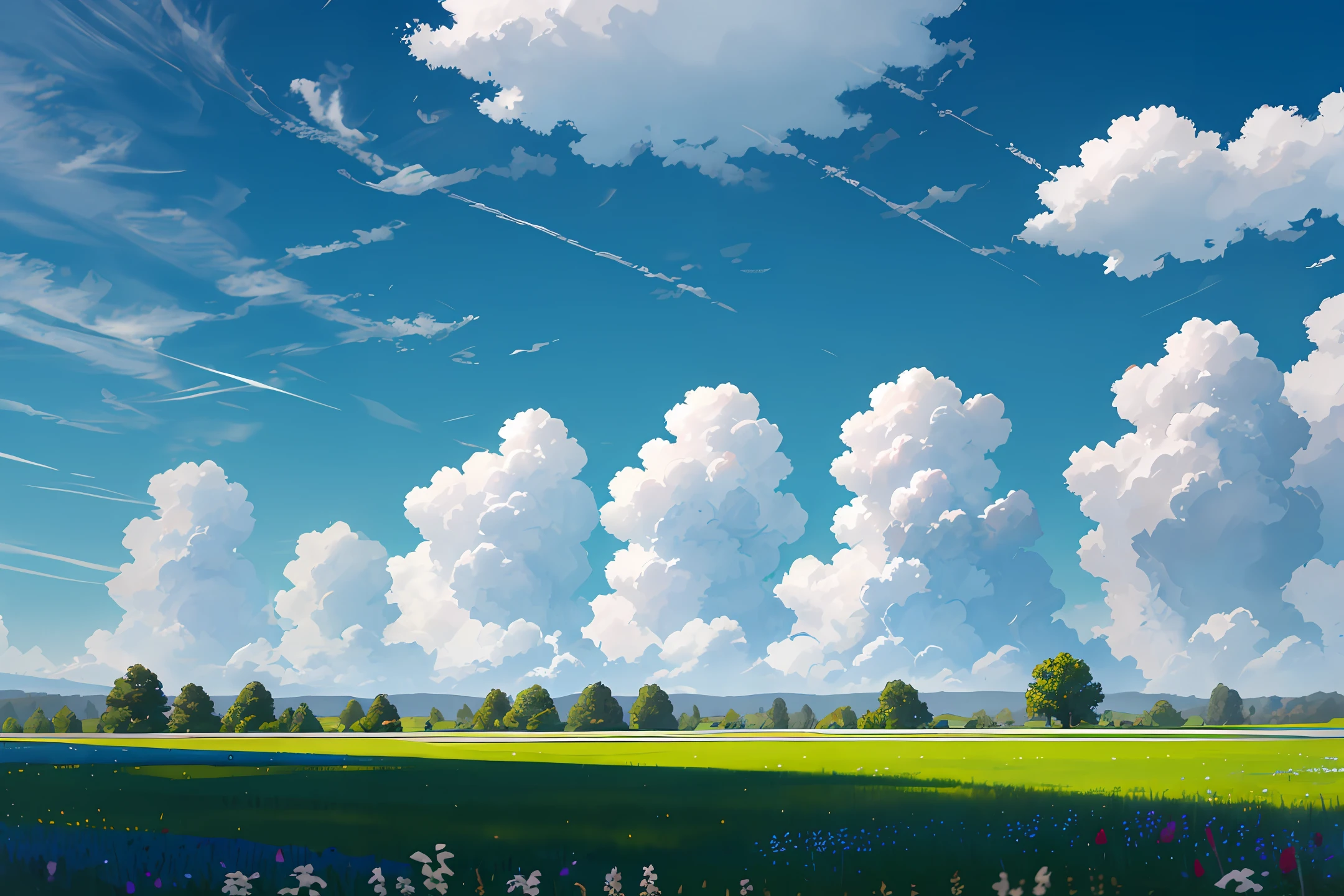 Meadows under blue sky and white clouds