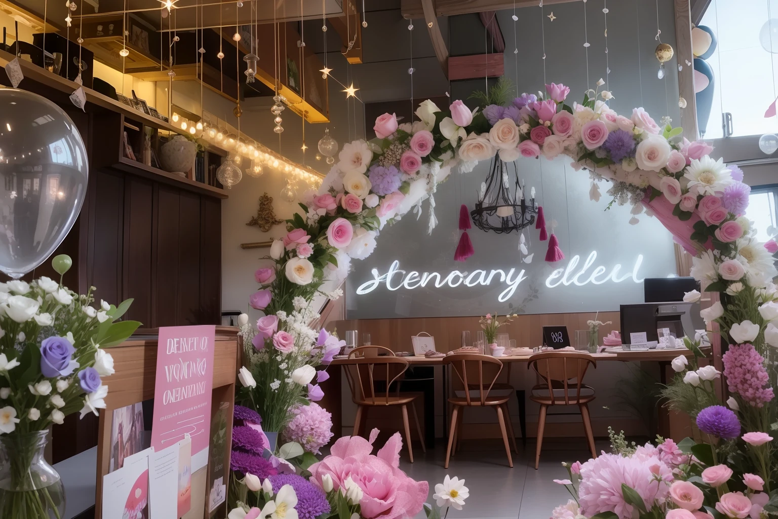 There is a flower arch in the middle，There are balloons and flowers in the middle, Dreamy, romantic themed, Ethereal and dreamy theme, Dreamy atmosphere, very magical and dreamy, dreamy mood, delicacy, 🤬 🤮 💕 🎀, legendary masterpiece, warm and joyful atmosphere, dreamy ethereal vibe, festive atmosphere, dreamy atmosphere and drama, gloomy mood, fairy tale setting