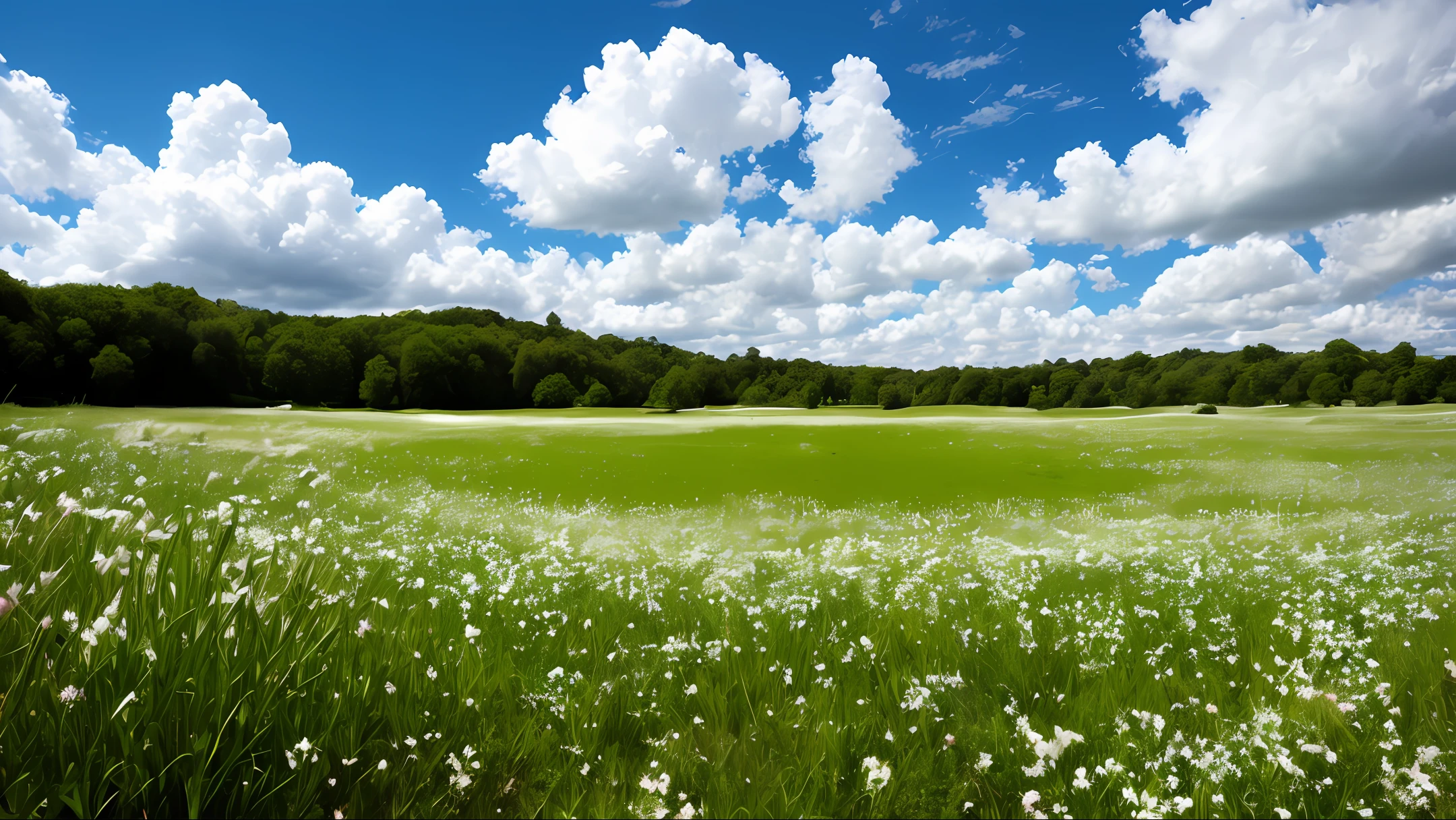 Meadows under blue sky and white clouds