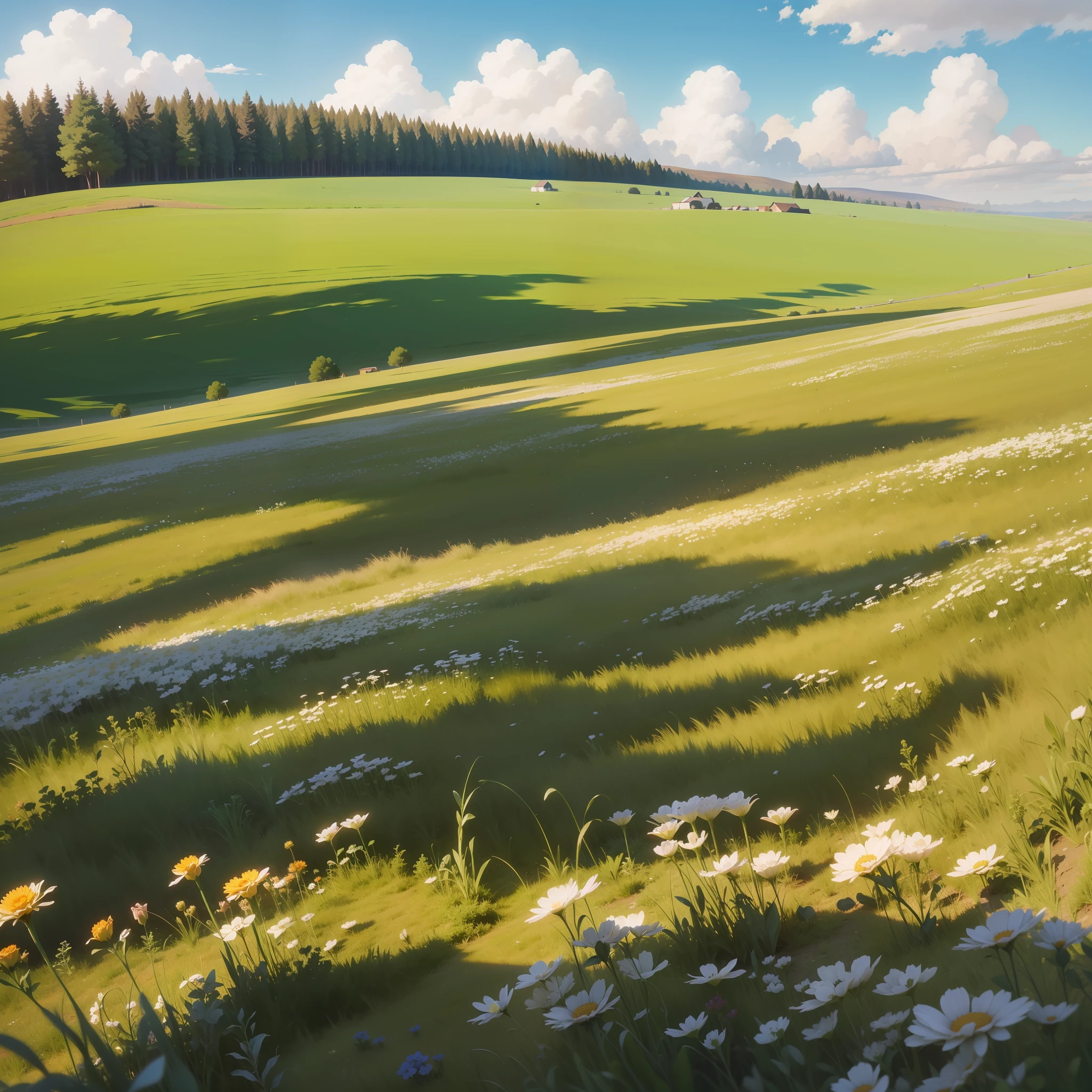 Meadows under blue sky and white clouds