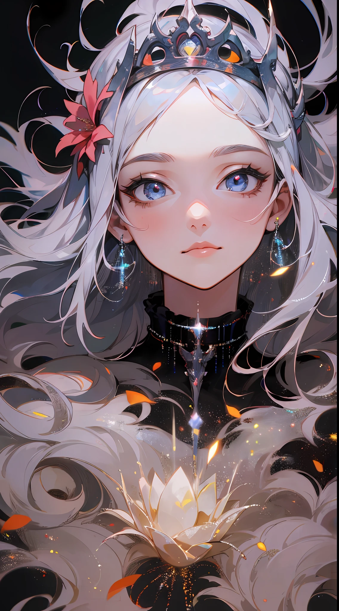 (Abstract Art:1.4), The Masterpiece, beste Quality, ultra-highresolution, 1girls, flower tiara,Nice face,Nice lighting on black background,The character style rendered by Octane,gorgeous sacred girl,Floating hair