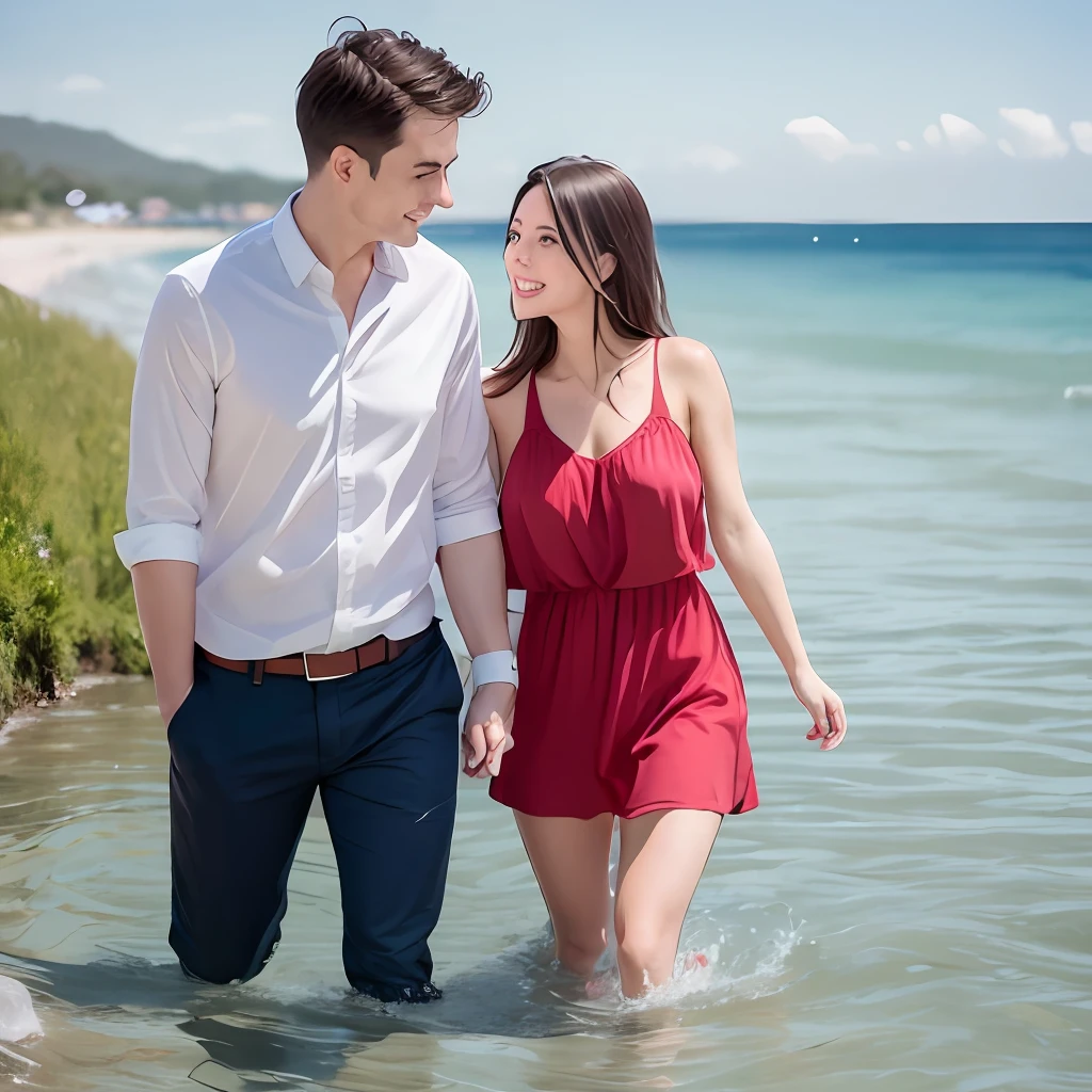 Couple playing in the water by the sea