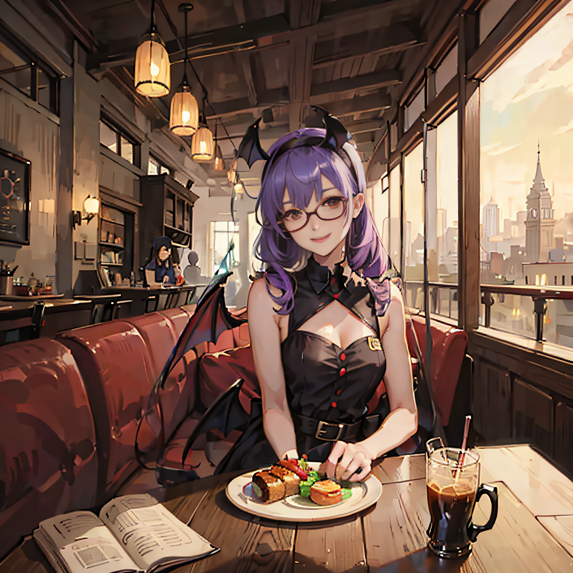 anime style, girl, anime v tuber, with purple hair, glasses, red eyes, wearing a casual dress, with a bat wings hairband, and a cute smile