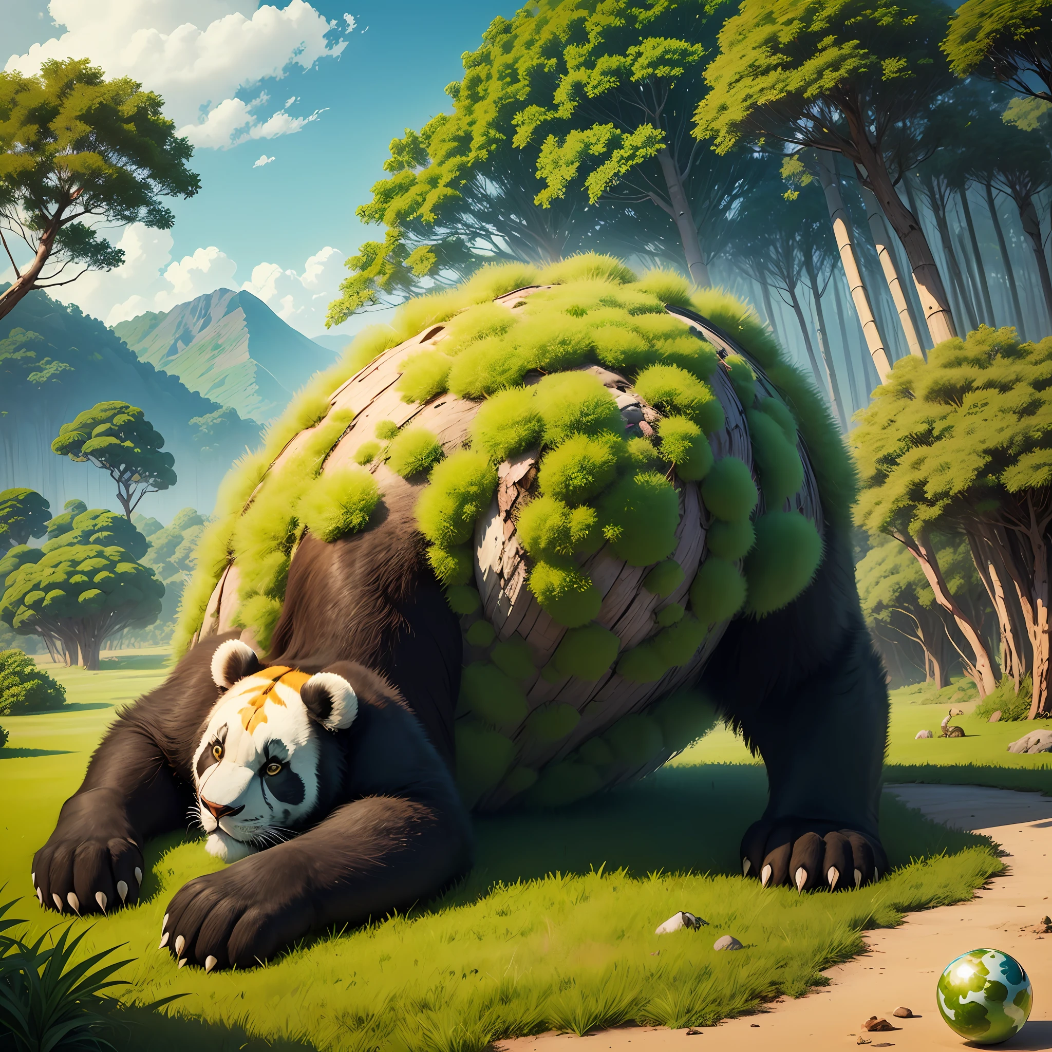 Earth Day poster, flat illustration, super cute Chinese giant panda eating bamboo and tiger, lion, elephant in green spherical earth, trees, flowers, landscapes, blue, green, yellow, simple background, center composition, bright colors, light and shade contrast, ultra high detail, 4k, flat illustration --auto