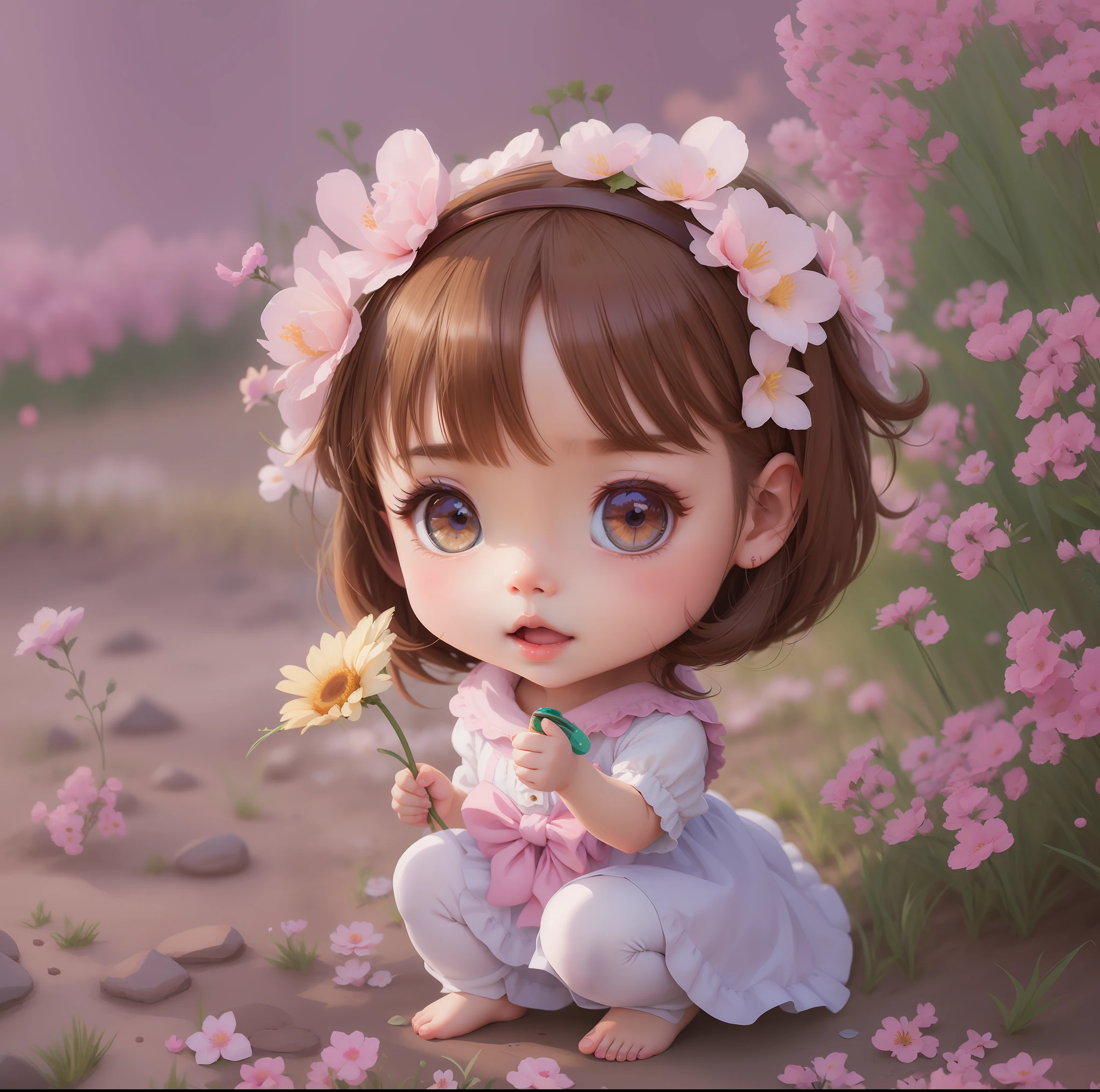 cartoon girl with flower in hand kneeling in a field of flowers, arte digital bonito, arte digital detalhada bonito, adorable digital painting, menina nas flores, anime bonito, Soft anime illustration, arte fofa, menina anime bonito, kawaii retrato realista, menina chibi, Loli, official illustration, menina bonito, menina kawaii bonito, chan sakimi, advanced digital chibi art