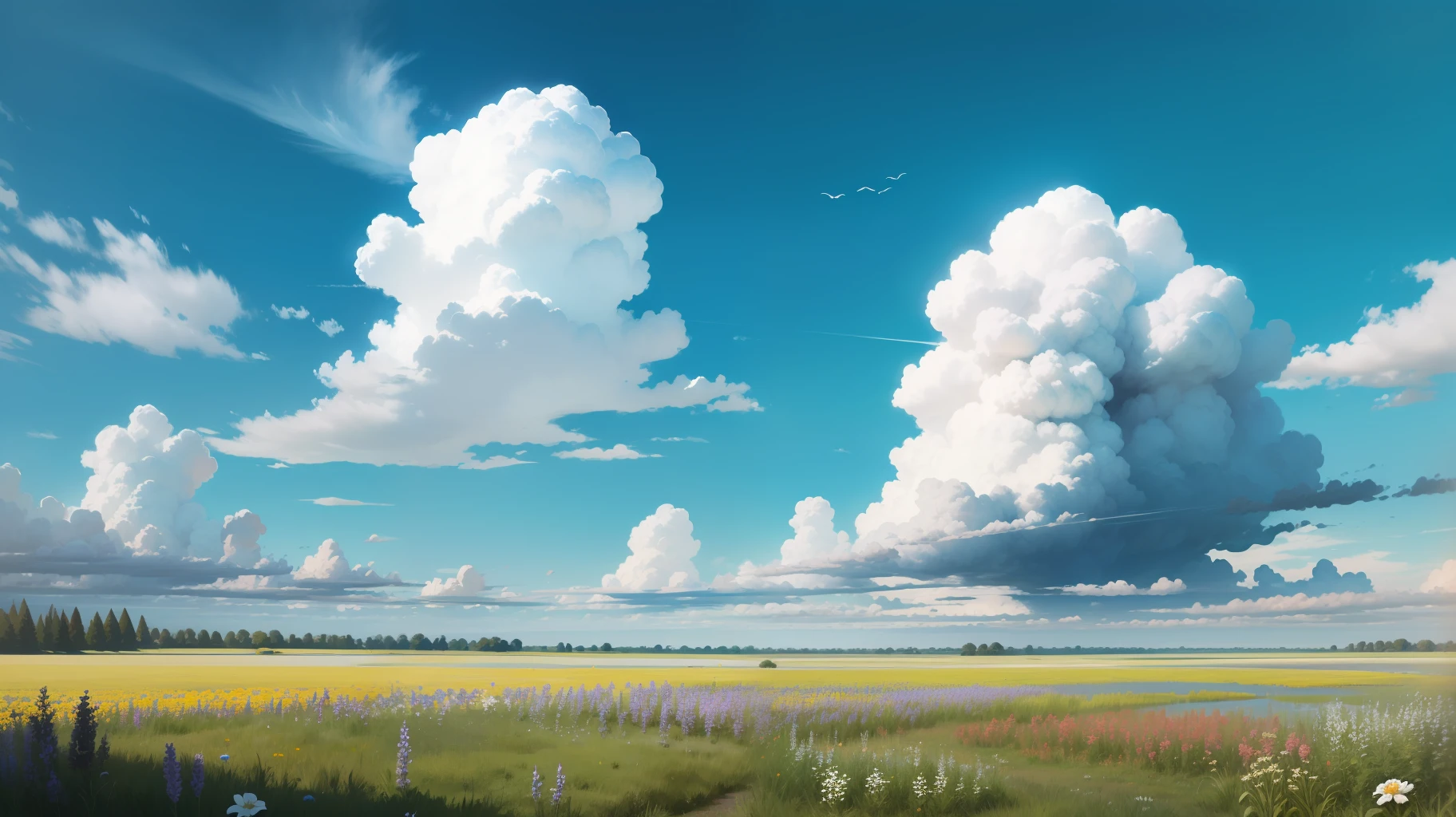 Meadows under blue sky and white clouds