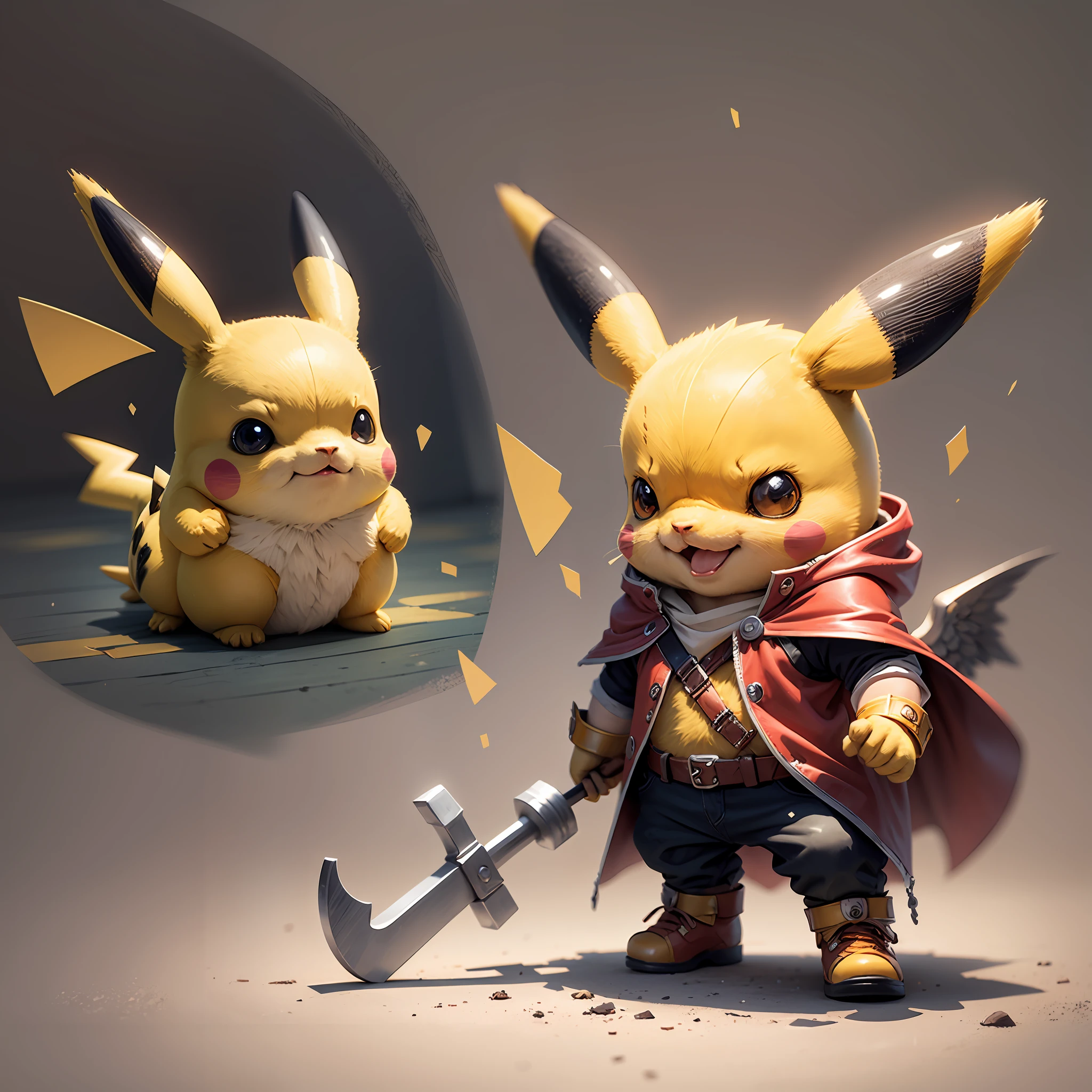Start with a basic sketch of Pikachu, with a Thor hammer in one hand and wearing a red cape with gold accents.
Add some Thor features such as a helmet with wings and boots with metal details to add a more authentic touch to the character.
To give Pikachu a fluffy touch, overdo the dimensions of his head and ears and add rosy cheeks.
Use vibrant, cheerful colors to bring your drawing to life, with shadows and highlights that create depth and texture.
Add a suitable background to the drawing, such as a scenario that shows Pikachu in action or a simple background that doesn't distract the character's attention.
To finish, add some clean and crisp lines that highlight the characteristics of the character and add a more "cartoon" touch to the drawing. --auto --s2