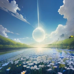 Meadows under blue sky and white clouds。