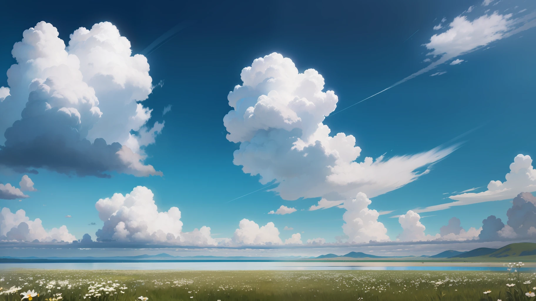 Meadows under blue sky and white clouds