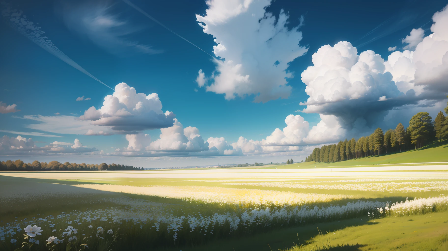 Meadows under blue sky and white clouds