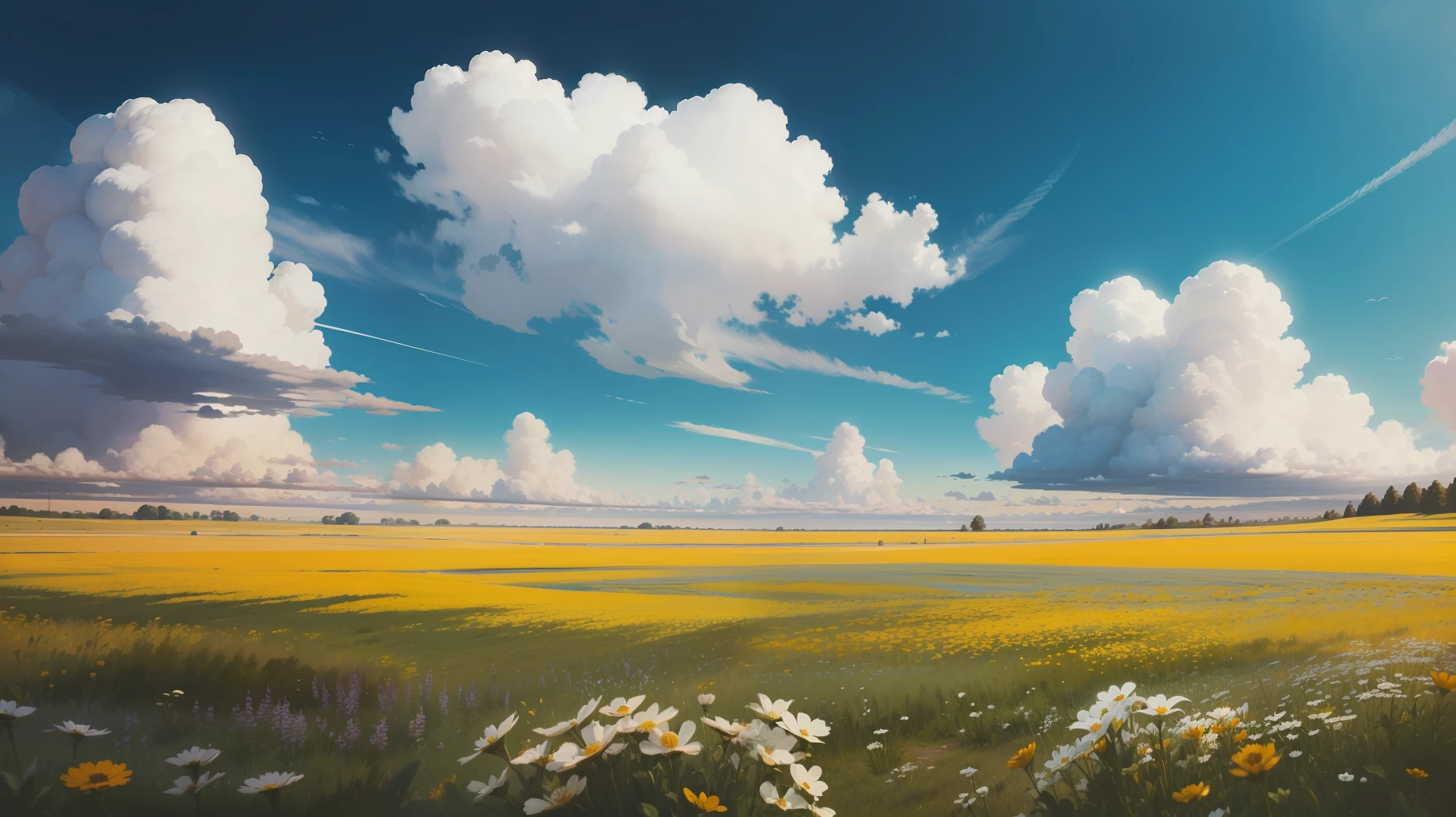 Meadows under blue sky and white clouds