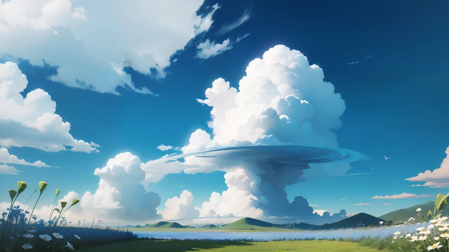 Meadows under blue sky and white clouds