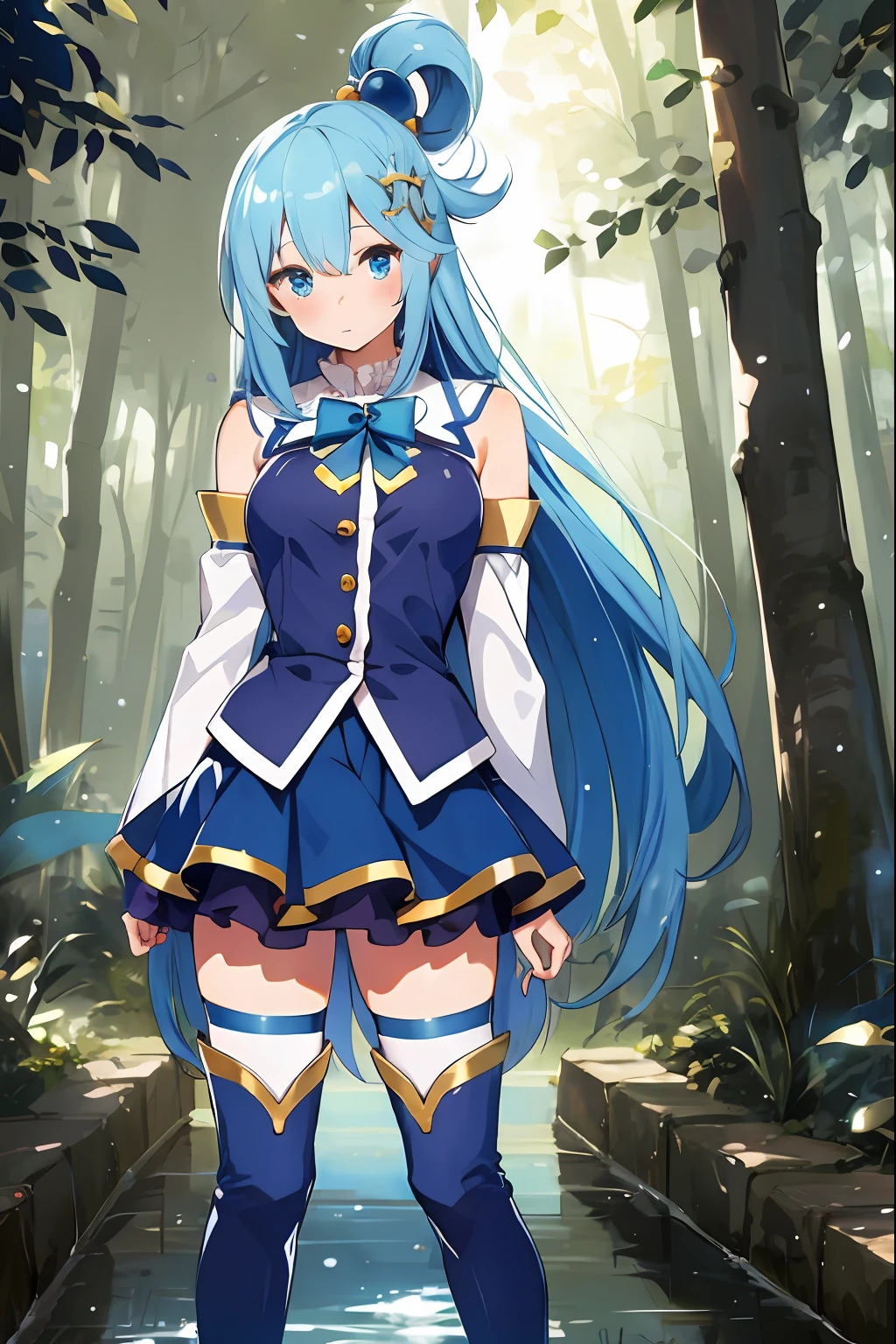 Aqua, Goddess, high quality, 1 girl, Blue eyes, Blue footwear, Blue hair, Blue thighs, Blush, Boots, Chest, Foam, Separated sleeves, Hair ornament, Hair ring, Long hair, Medium breasted, Single hair ring, Skirt, Solo, Standing, Thigh boots, Very long hair, White thighs, Simple background, high quality, high resolution.