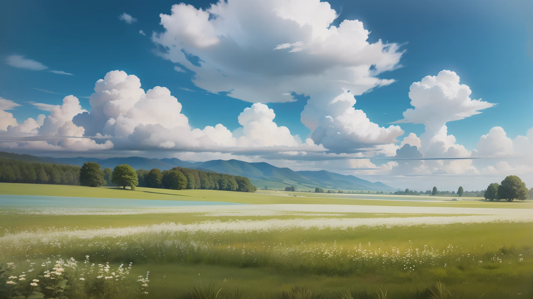 Meadows under blue sky and white clouds