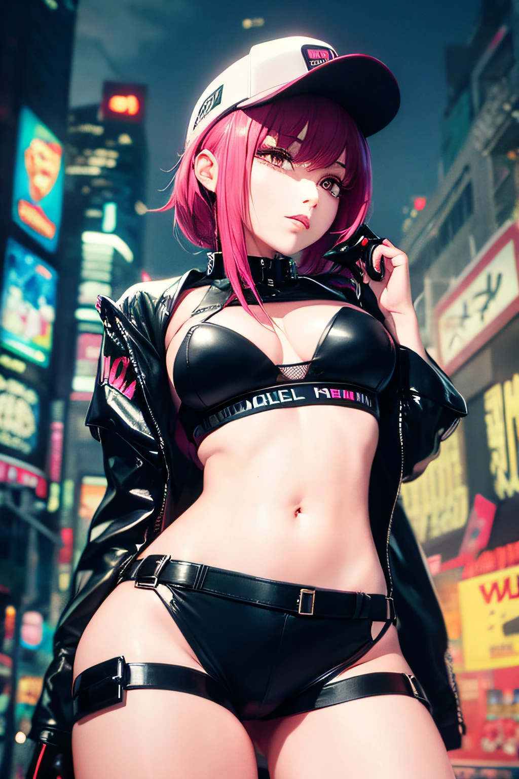 Beautiful woman medium hair, wearing cap, cyberpunk style short clothes