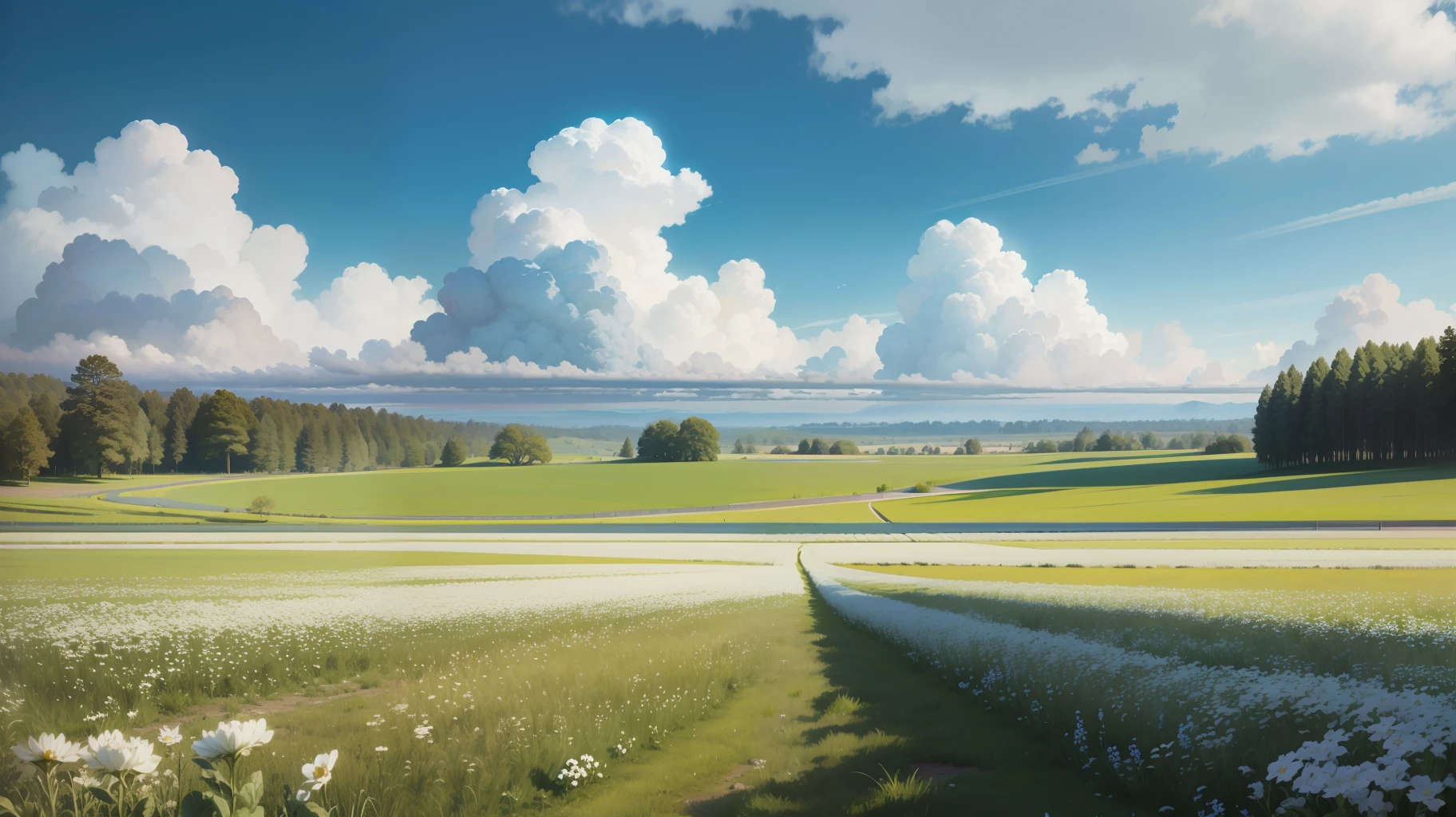 Meadows under blue sky and white clouds