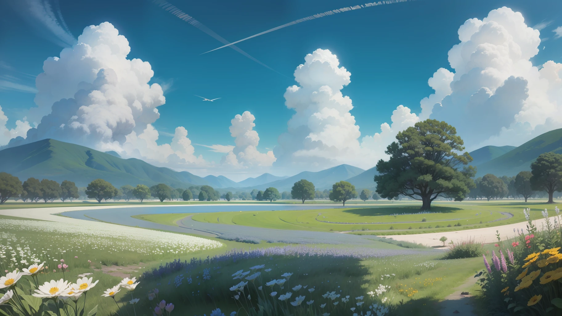 Meadows under blue sky and white jade