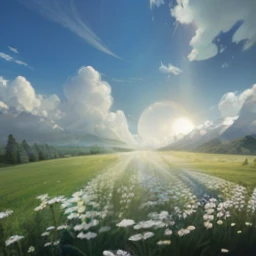 Meadows under blue sky and white clouds