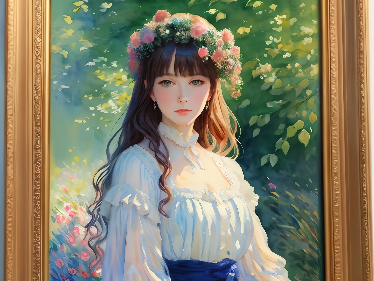a stunning watercolor painting on canvas of a beautiful woman, in the style of Claude Monet :: 4 Giverny, impressionism, impressionistic landscapes, pastel colours, impressionistic portraits :: 3 exaggerated blurry brushstrokes :: 5 --auto --s2
