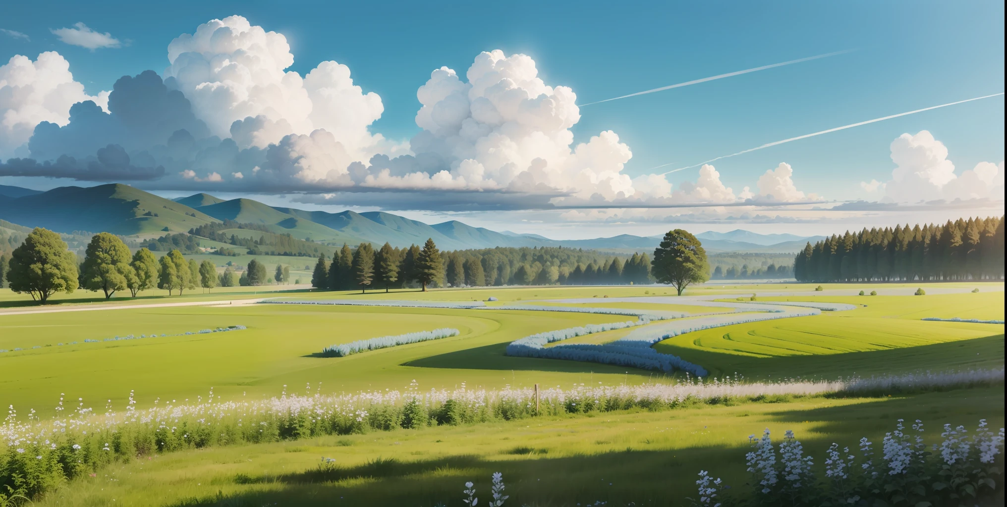 Meadows under blue sky and white clouds