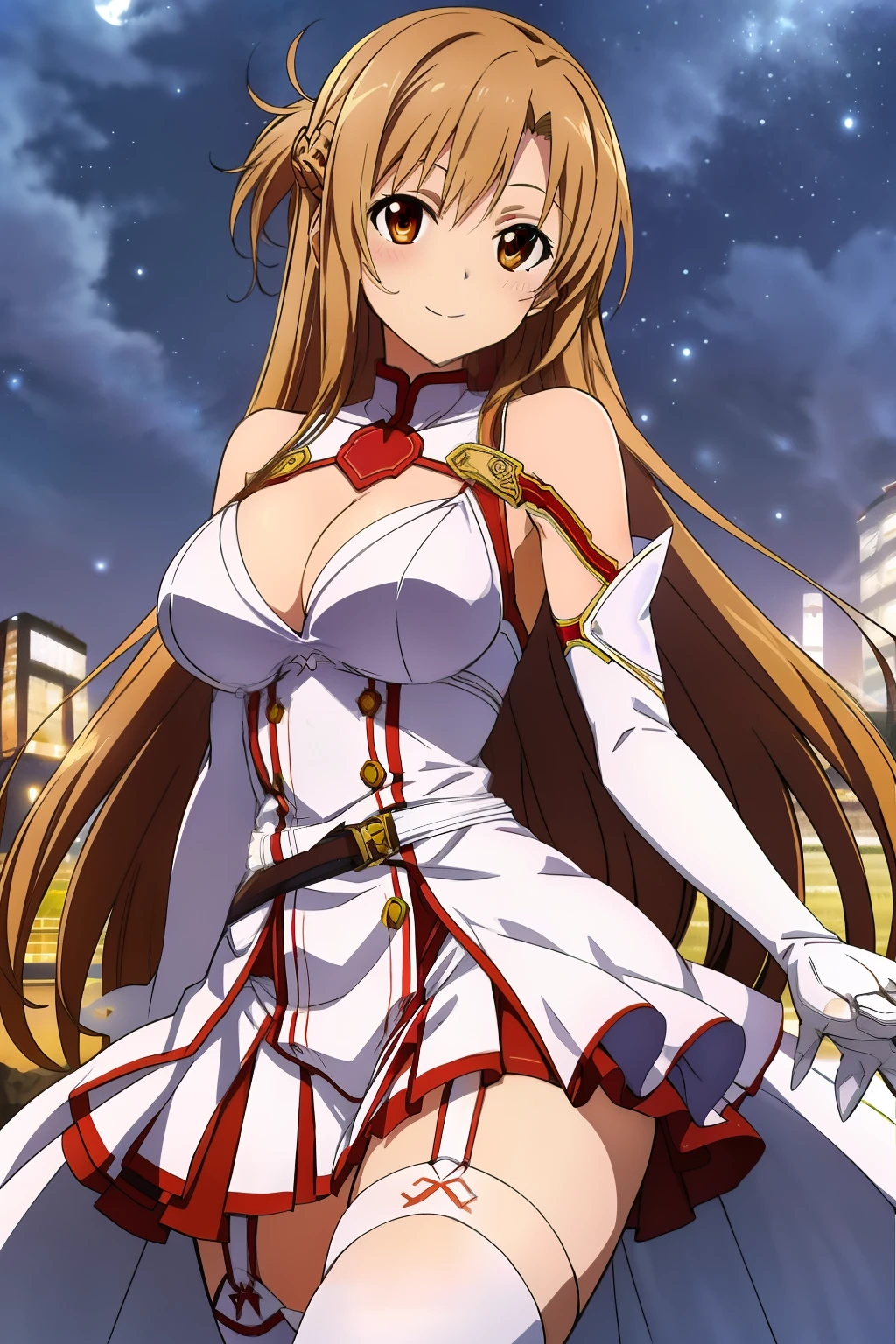 Yuuki Asuna, anime style beautiful woman, best quality, perfectanatomy, ultra detailed, 1girl, solo, large breasts, curvy body, good hands, good legs, good knees, night sky, stars, long hair, breasts, looking at viewer, happy, bangs, brown hair, thighhighs, gloves, dress, cleavage, bare shoulders, brown eyes, very long hair, crossing legs, white gloves, white dress, armor, white thighhighs, garter straps, white armor,