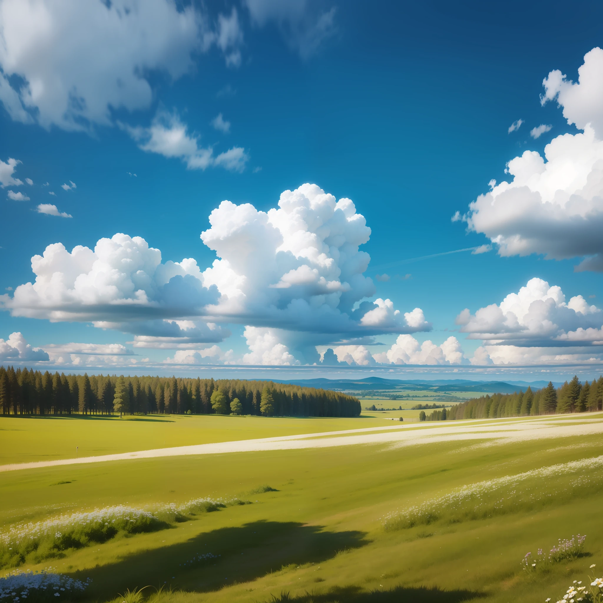 Meadows under blue sky and white clouds
