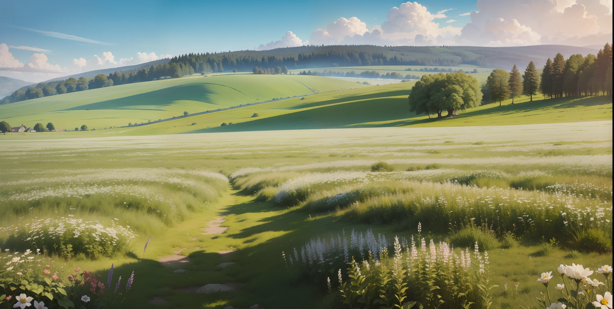 Meadows under blue sky and white clouds