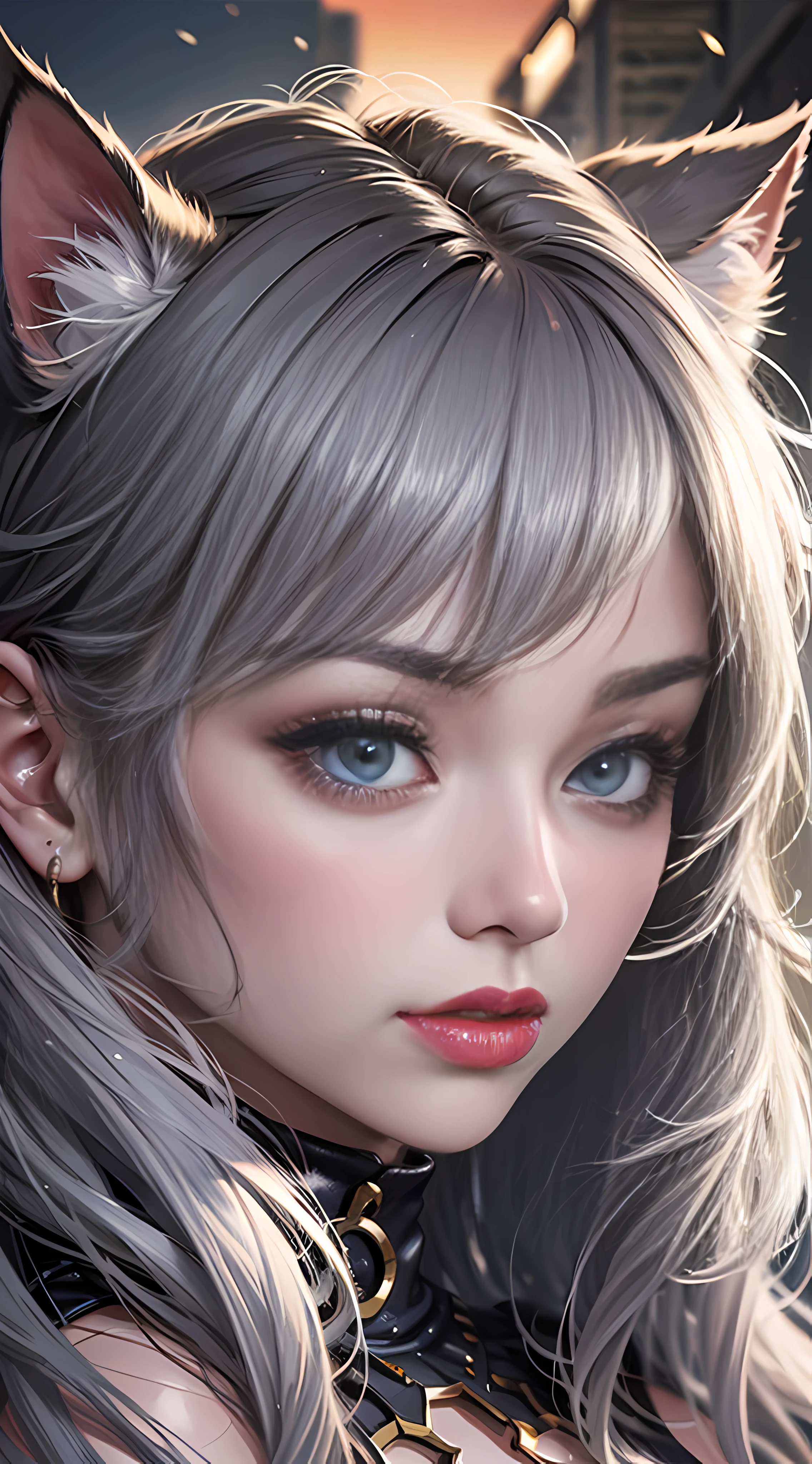 Ultra high quality,8K,High cold girl,erogenous,Serious,The head proportions are perfect,Black-gray hair,Cat ears,Flaming red lips,Swan neck,Close-up of the head,the sun is shining wide shot