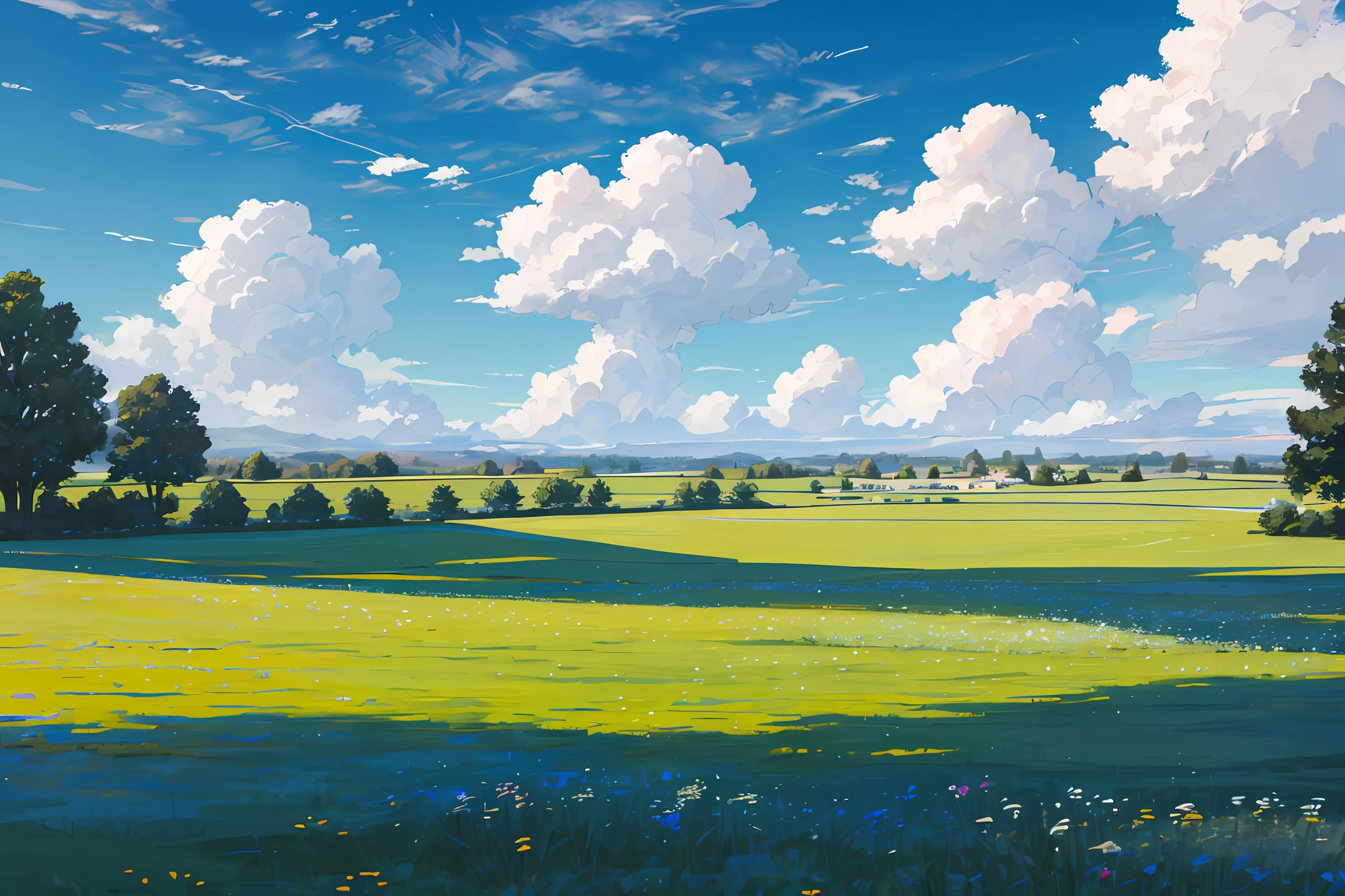Blue sky, white clouds and meadows