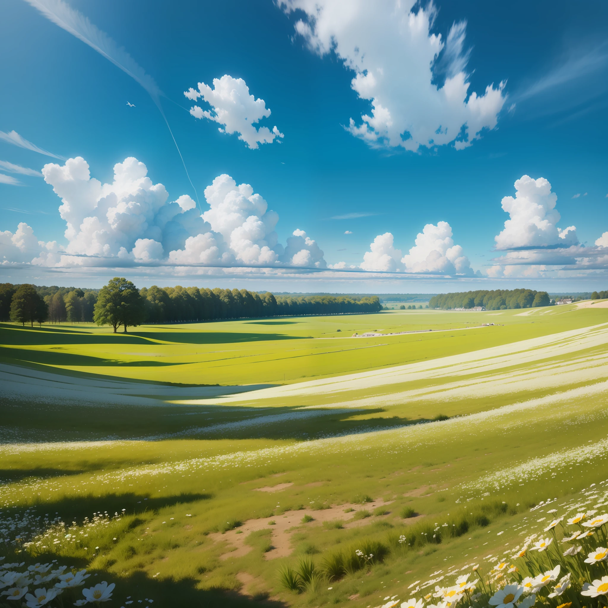 Meadows under blue sky and white clouds