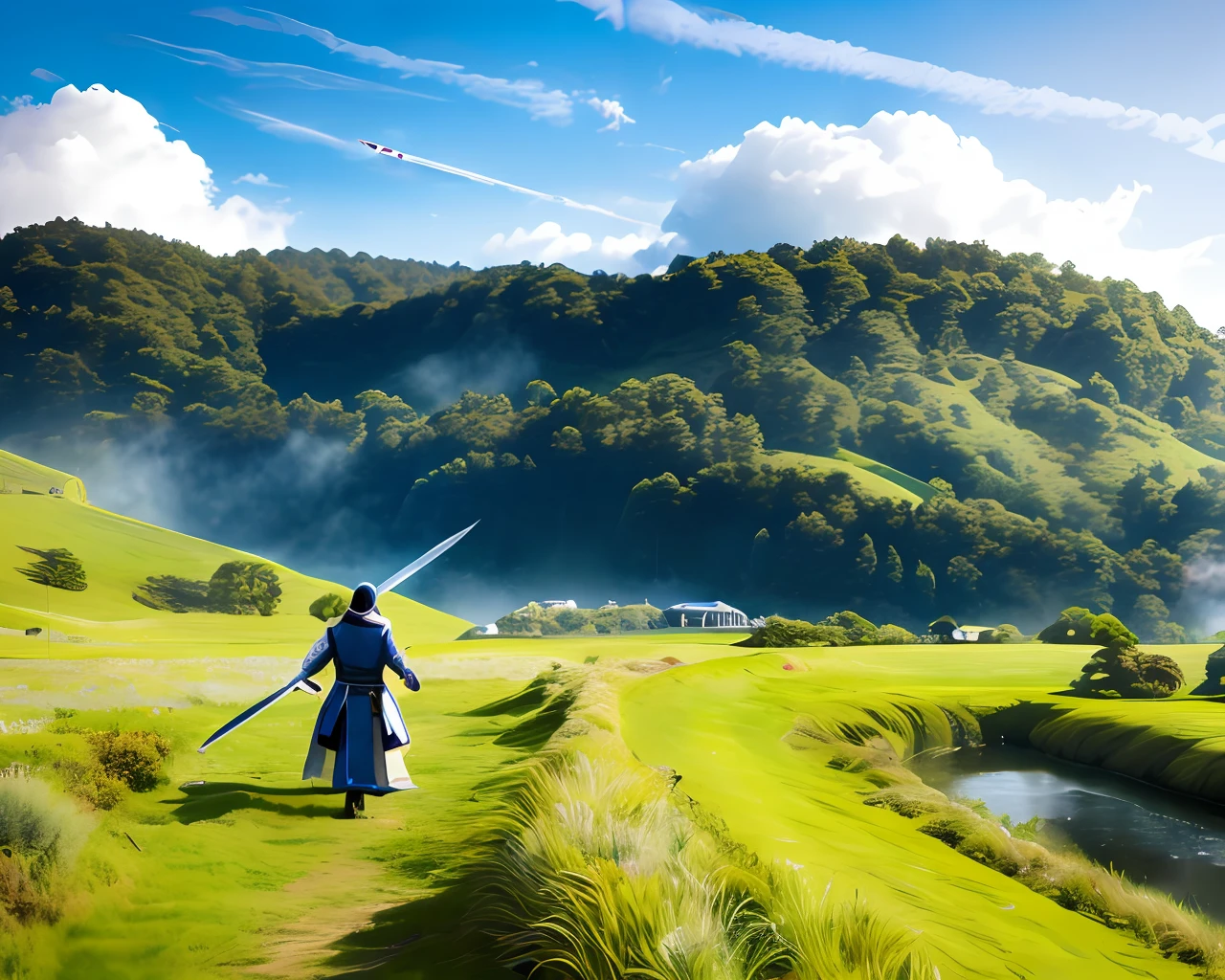 a blue sky,white cloud,grass field,Swordsman with a knife