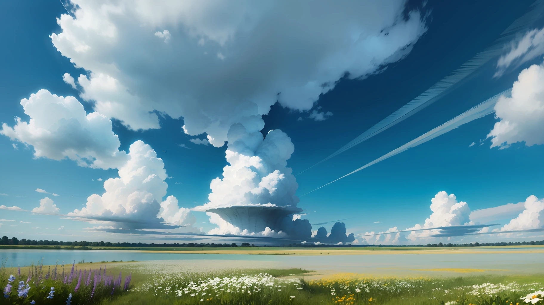 Meadows under blue sky and white clouds